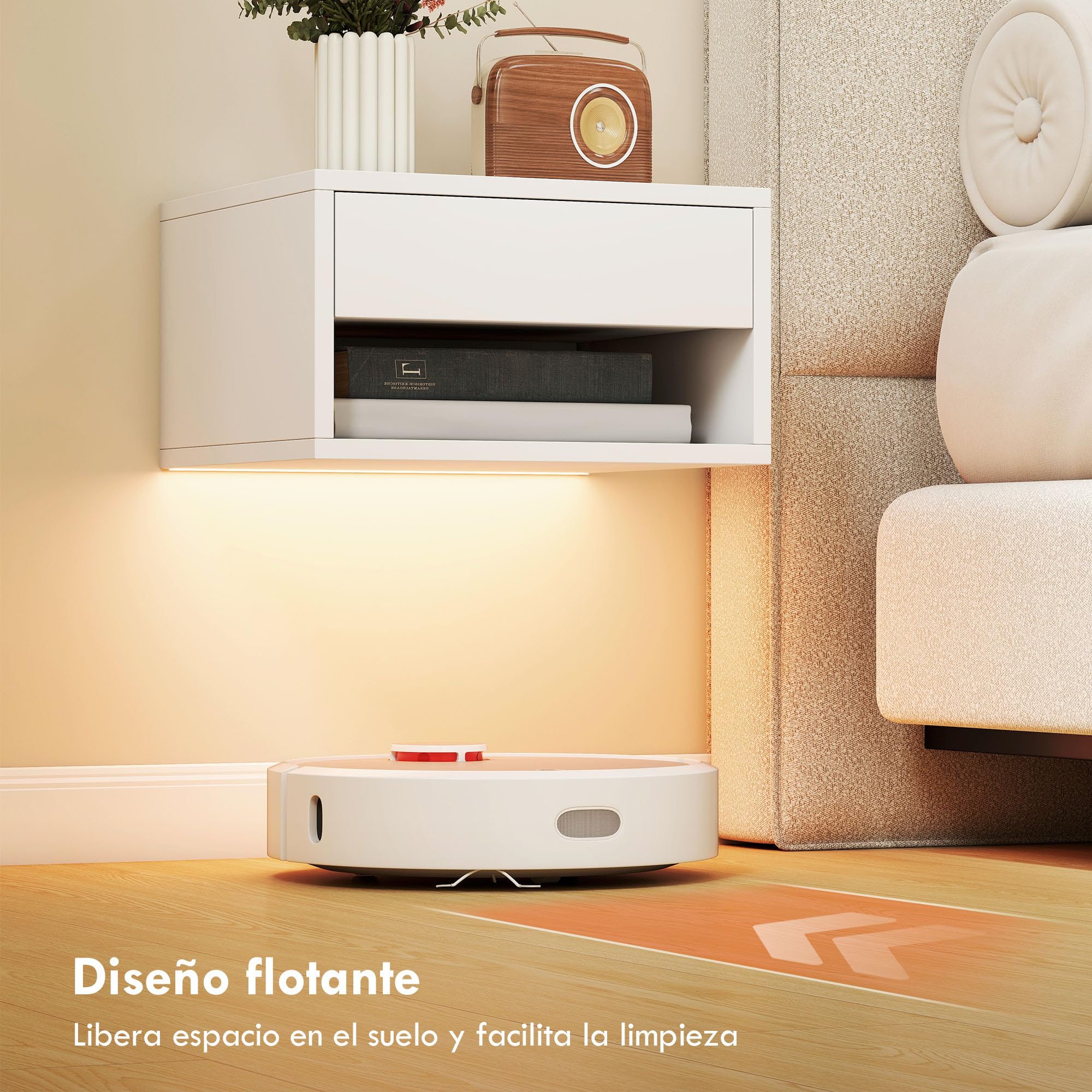HOMCOM Juego de 2 Mesitas de Noche Flotantes 37x32x21 cm Blanco | Luces LED RGB, Control de APP, Mesillas de Noche Dormitorio, Cajón, Estante Abierto, para Sala de Estar