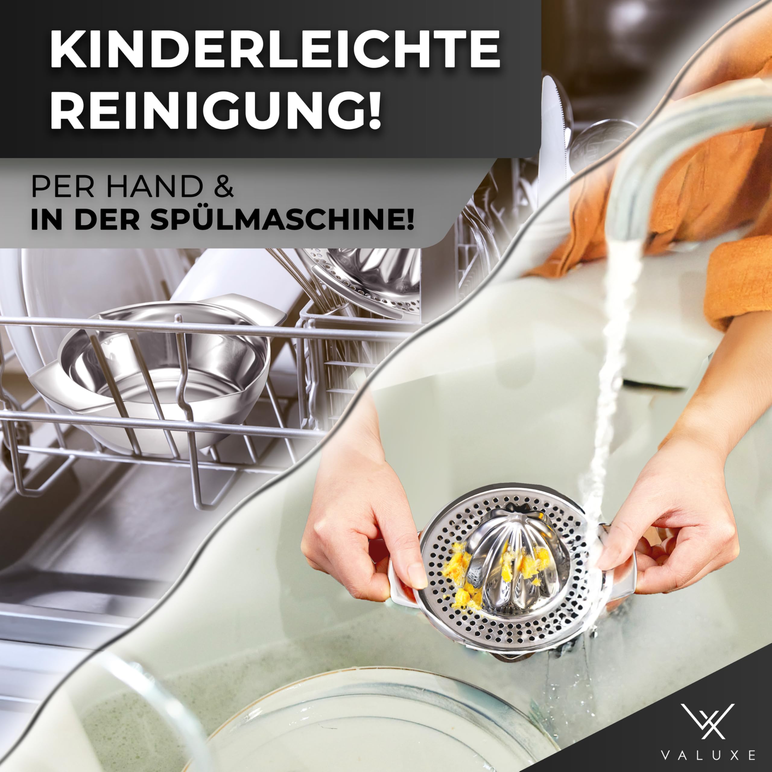 VALUXE® Premium Zitronenpresse Edelstahl - Zitruspresse für Zitronen, Limetten & Orangen mit 350ml Behälter - Manuelle Limetten-Presse, Lemon Squeezer spülmaschinengeeignet