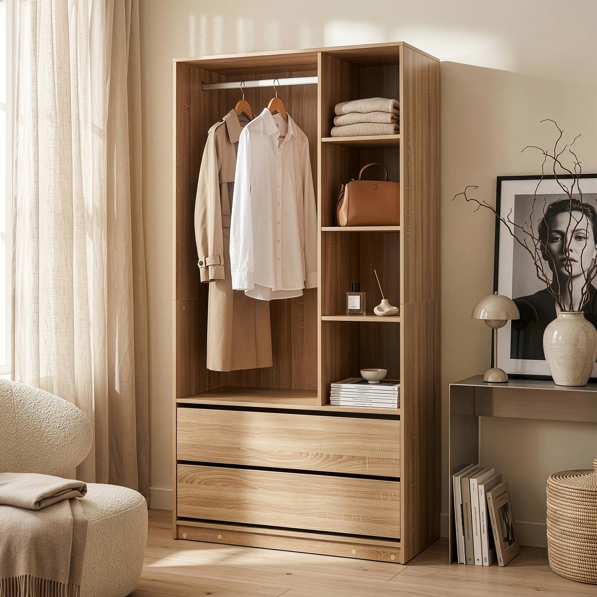 [en.casa] Armadio Aperto con Asta Barra Vano Appendiabiti Guradaroba con 7 Scomparti Aperti e 2 Cassetti per Soggiorno Camera da Letto Cameretta 200 x 100 x 50 cm - Effetto Rovere
