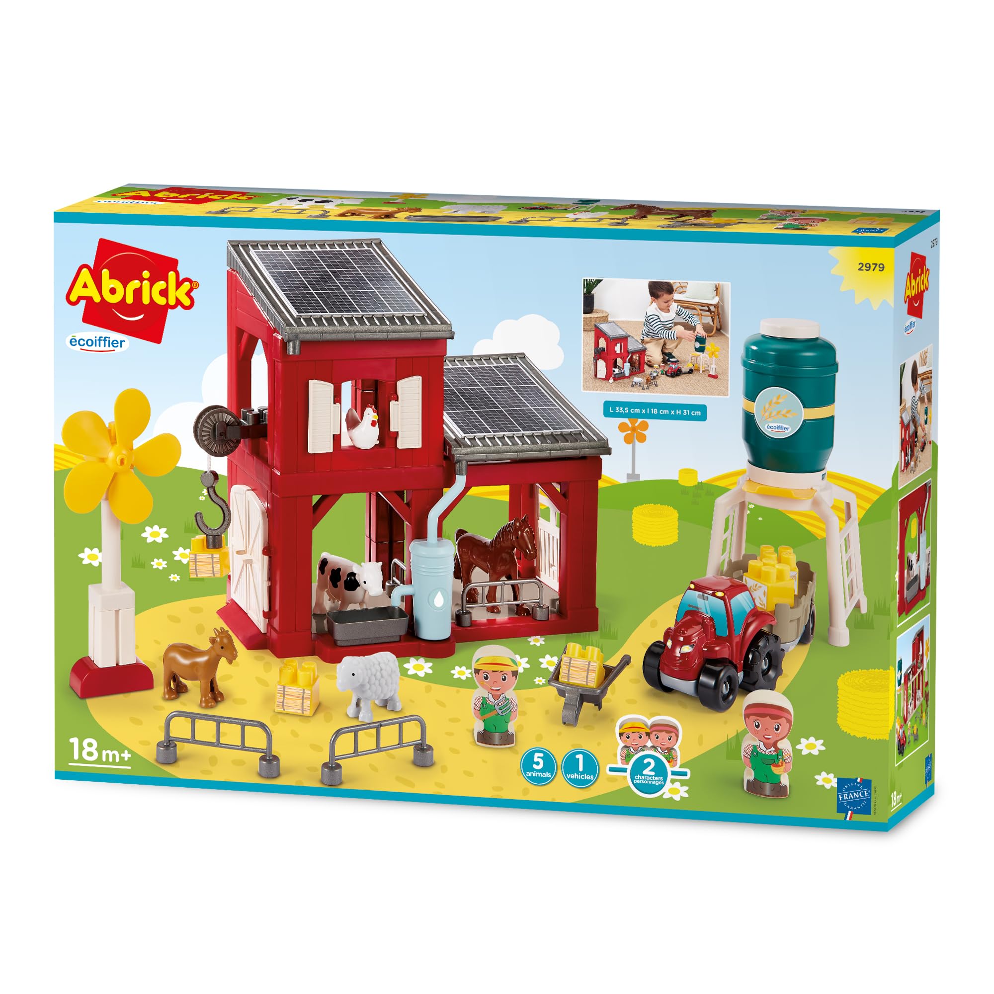 Ecoiffier Abrick Granja ecológica, Juego de construcción con Animales, Tractor, silo y Accesorios, con Paneles solares y aerogenerador, Juguete Educativo Desde 18 Meses (7900002979)
