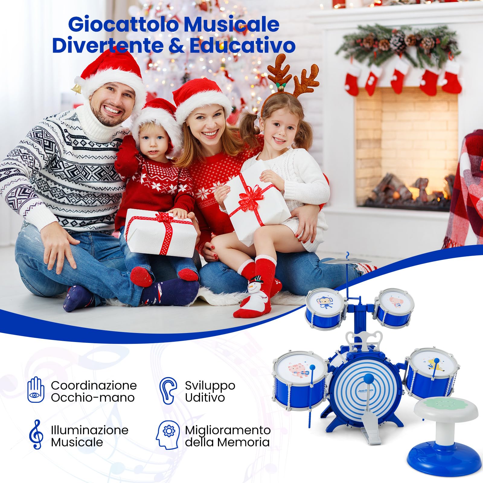 GYMAX Set Batteria Jazz per Bambini con 5 Tamburi, 1 Cimbalo, 2 Bacchette, 1 Leggio e Pedale, Set di Tamburi con Sgabello, Giocattolo Strumento Musicale per Bambini 3+ Anni, Blu
