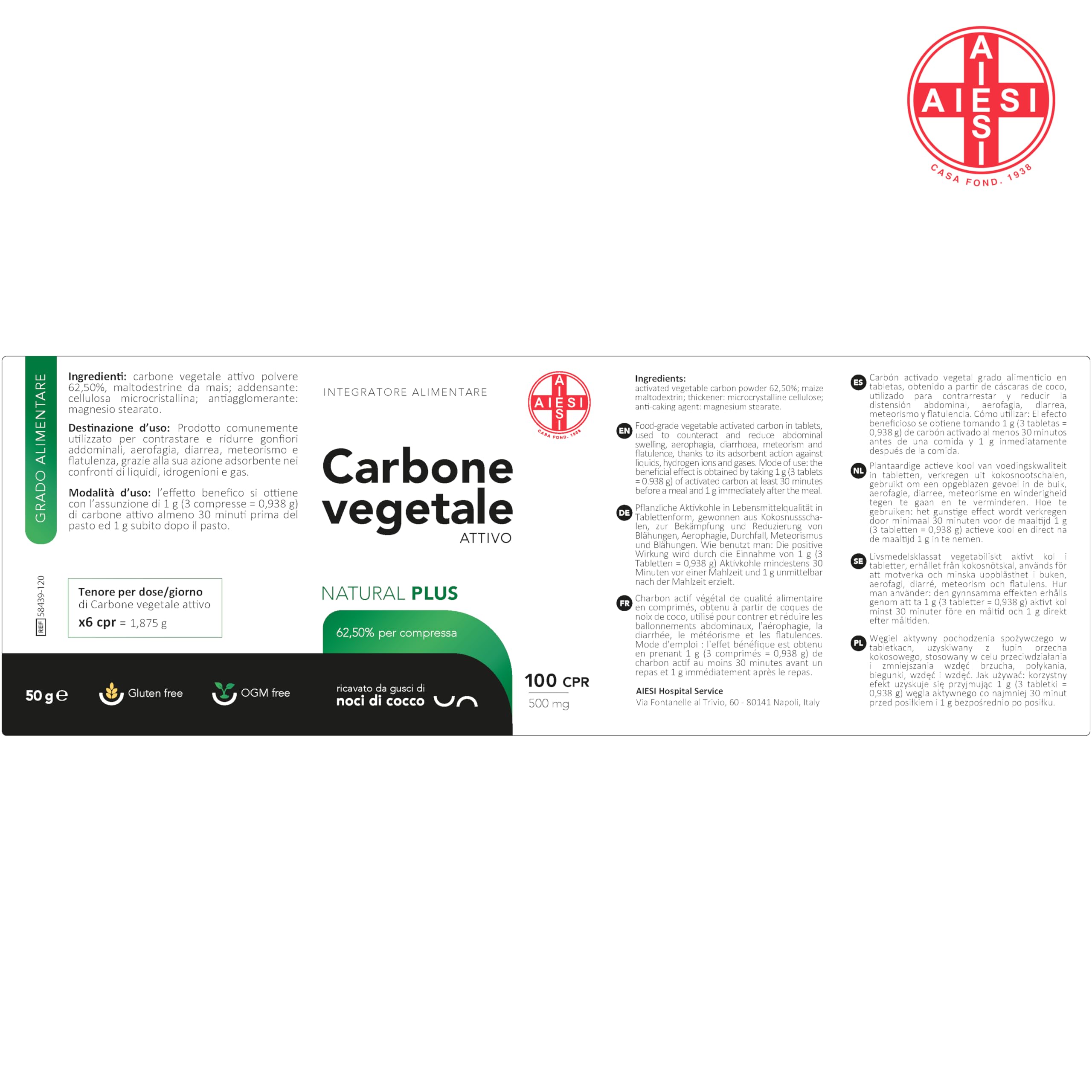 AIESI® Węgiel Aktywny spożywczy w tabletkach 500 mg (Pojemnik 100 sztuk), Made in Italy