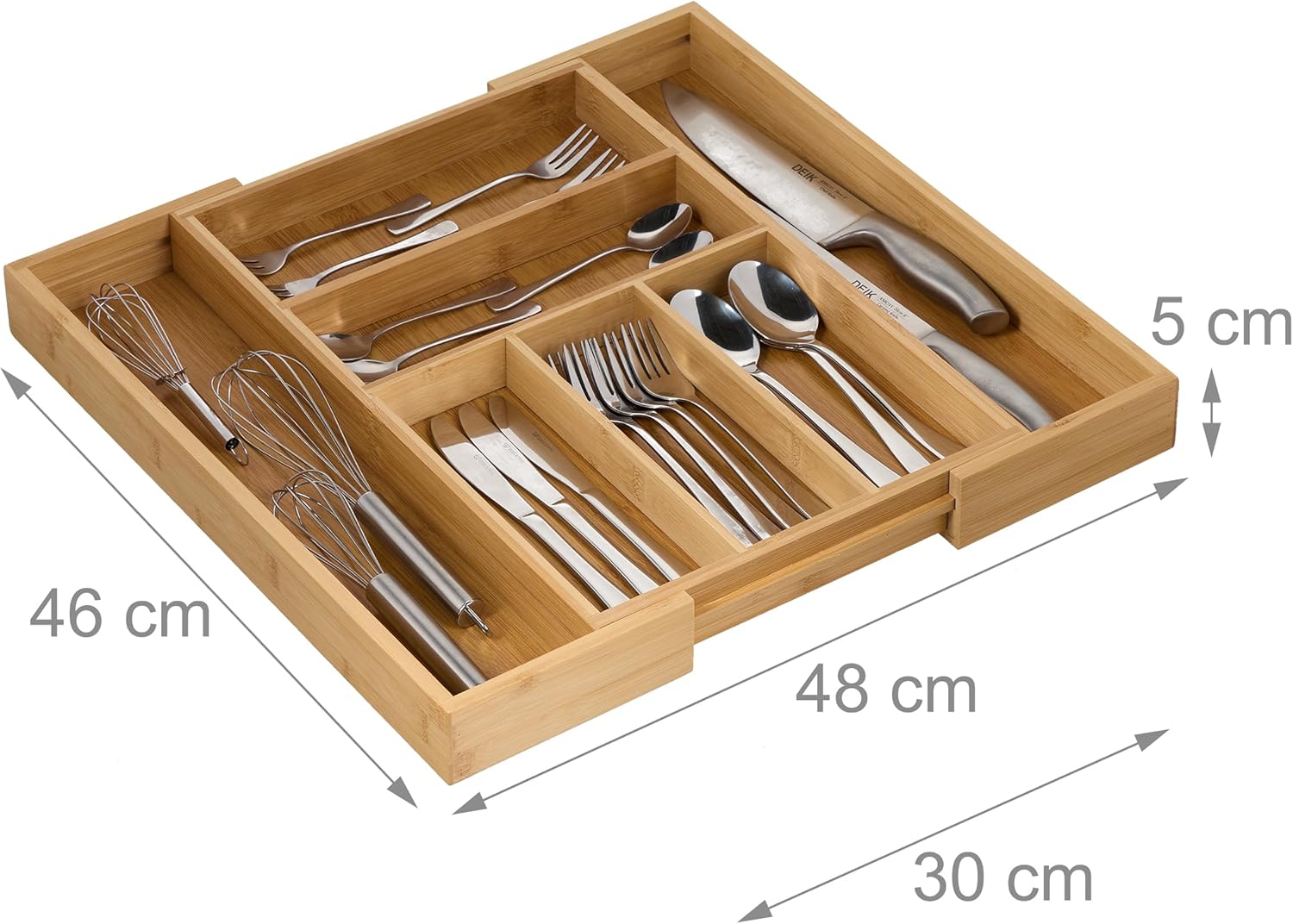 Relaxdays Bamboo Kitchen Drawer Organizer Extendible Adjustable Width Cutlery Tray, 30 to 48 cm, 5 to 7 Compartments, Brown