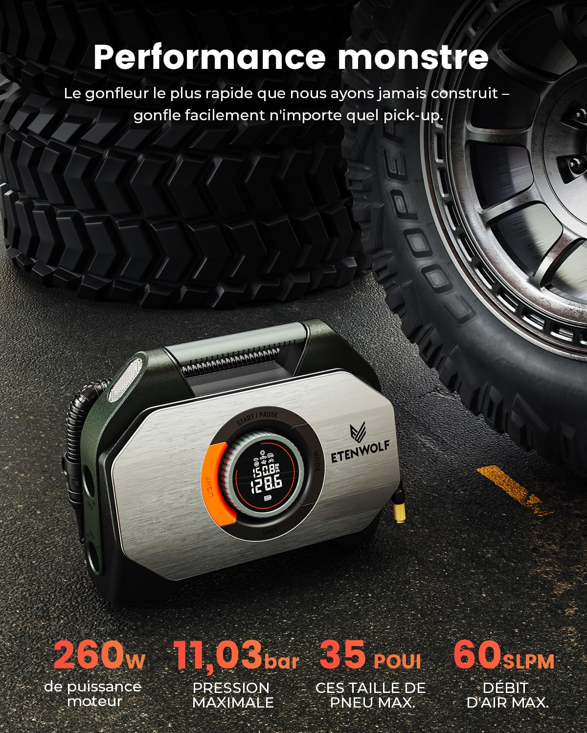 ETENWOLF VORTEX S7 38400mAh Gonfleur Pneus Voiture Sans Fil 11,03Bar | compresseur portatif pour véhicules lourds et voitures - Cycle continu 100% et double cylindre pour une performance durable