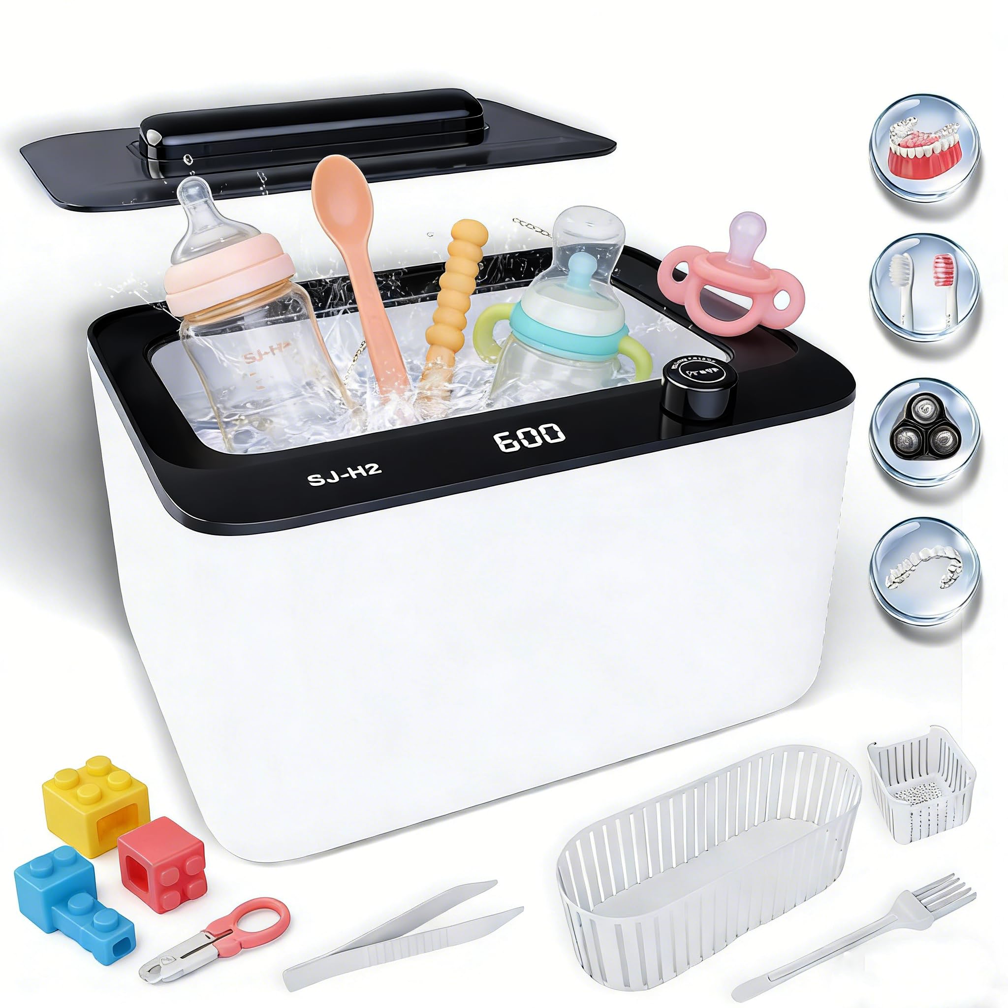 Limpiador ultrasónico, limpiador ultrasónico de joyas de 45 kHz, limpiador dental para joyas, anillos, lentes, correa de reloj, máquina de limpieza de dentaduras postizas con 6 modos de tiempo