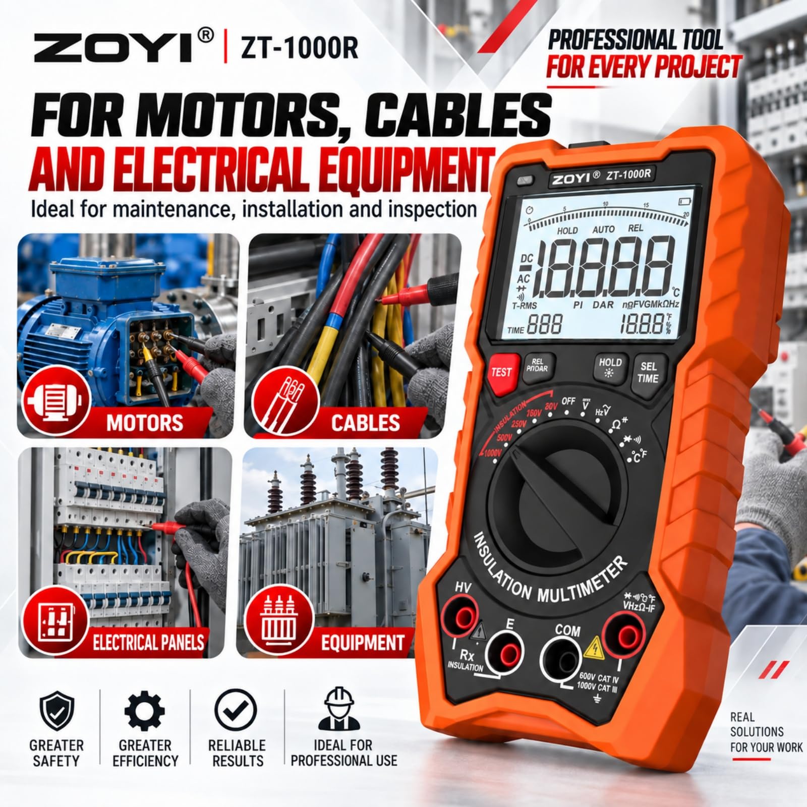 ZOYI ZT-1000R 2 in 1 Megohmmeter Multimeter, 50V/100V/250V/500V/1000V 5 Gear with DAR&PI, Insulation Resistance up to 20GΩ, 19999 Counts Auto Range T-RMS, V,Ω,C,FREQ,Temp, Diode,Continuity Tester — Amazon image 4