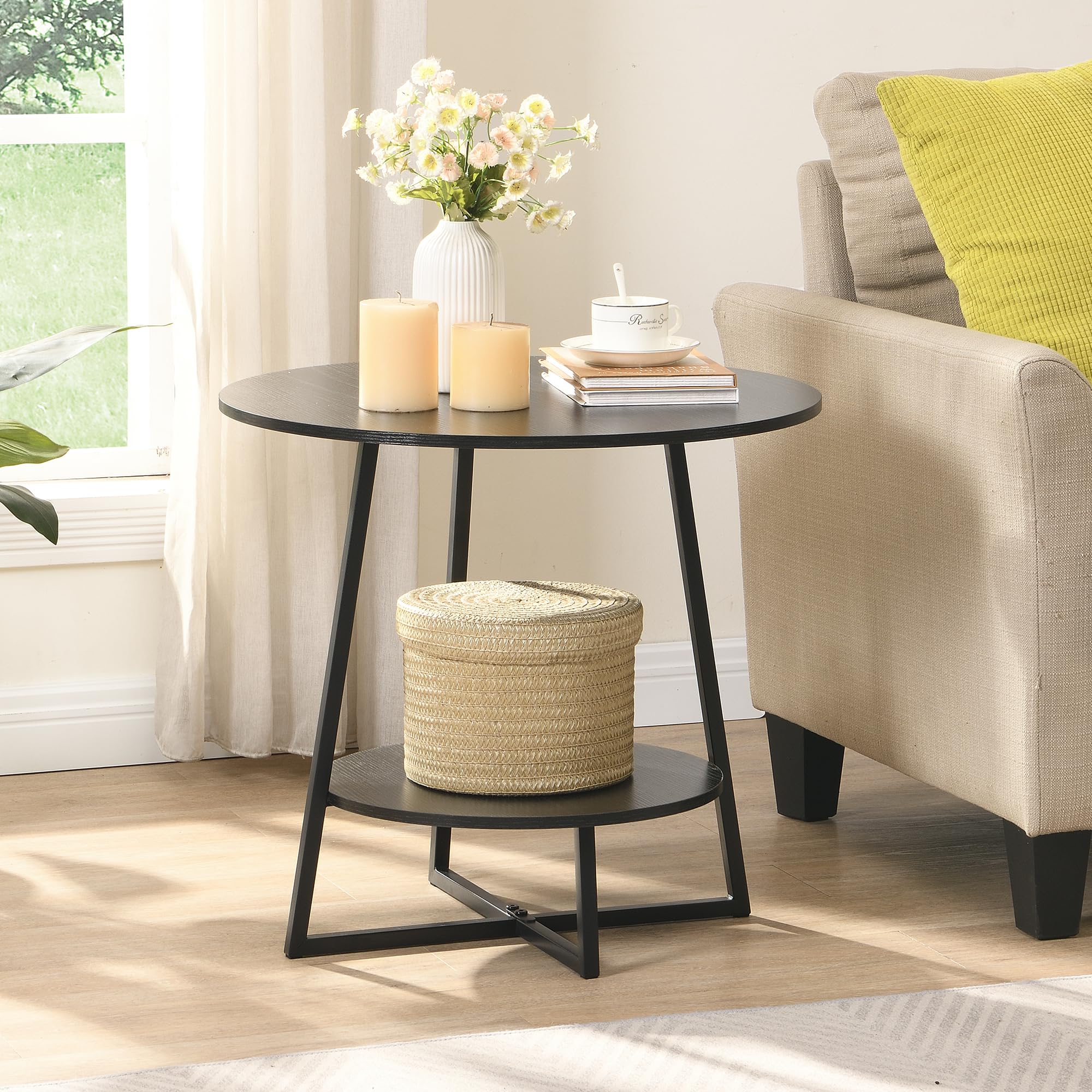 D&H FURNIMMT 20' Living Room Side Table for Small Spaces, 2 Tier Wood Top Round End Table with Storage Shelf