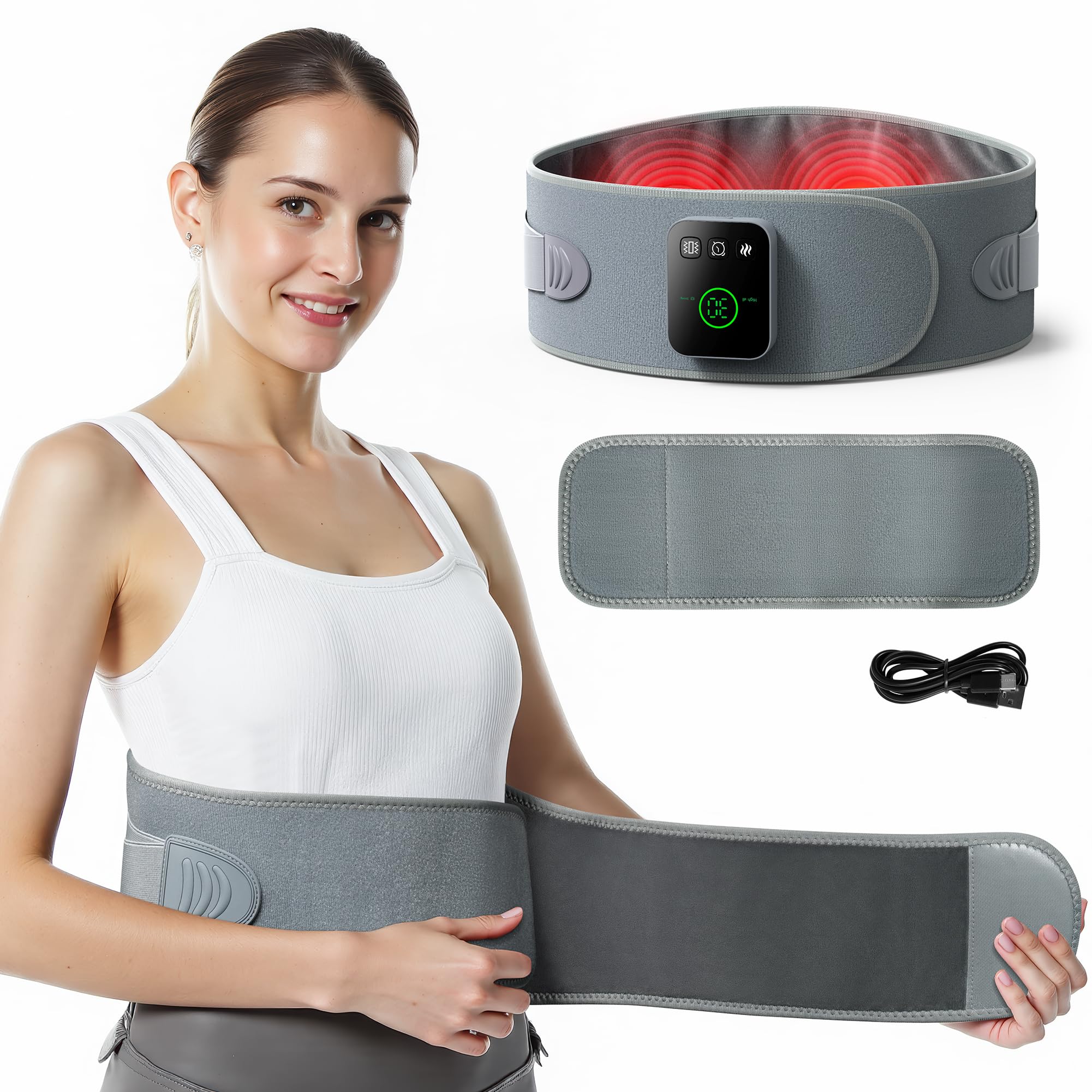 Koonie Cordless Heating Pad for Back Pain Relief, 47”-57” Portable Heating Back Brace with 3 Heat Levels, 3 Vibration Mode, 20/30/40Min Timer, 5000mAh