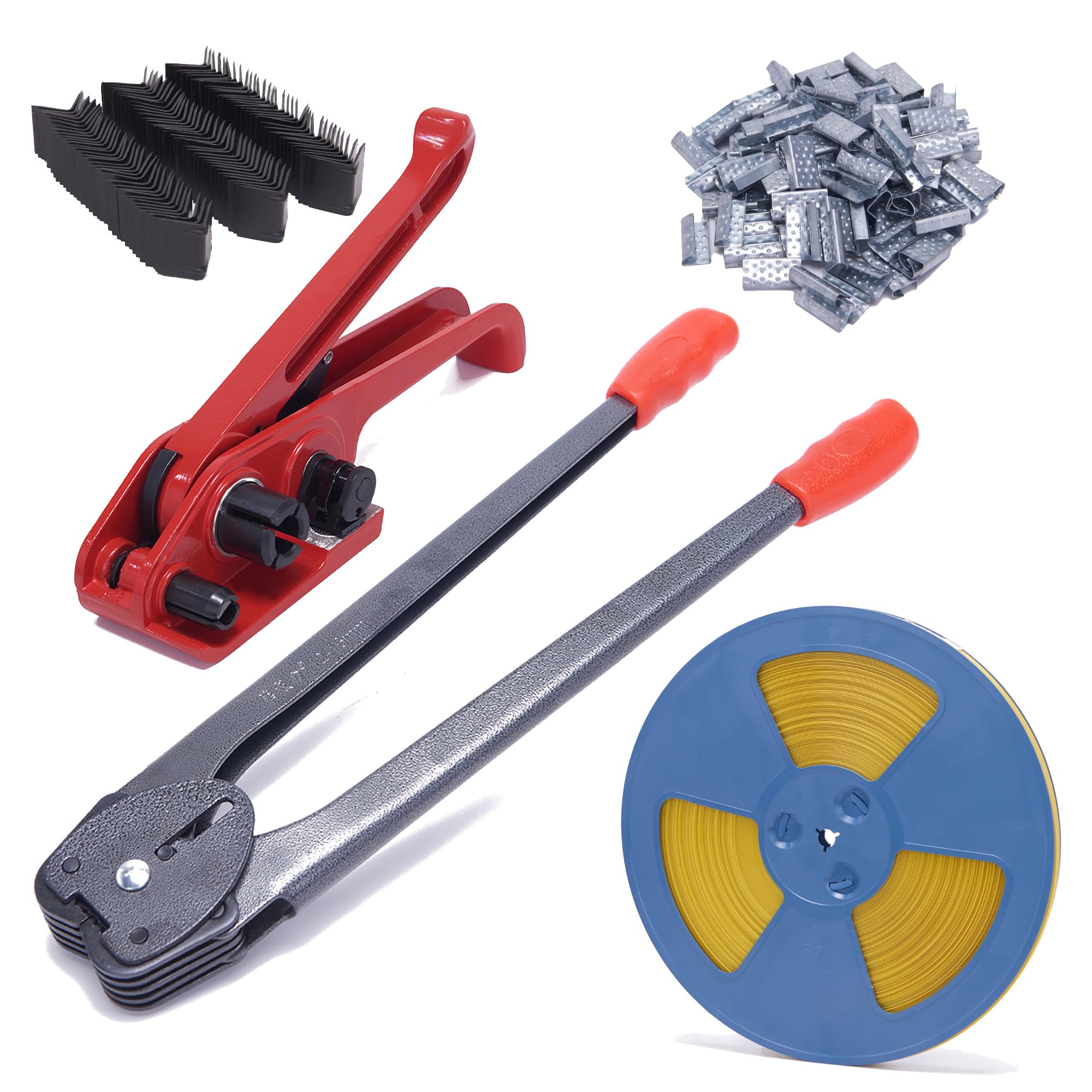 Kit Completo di reggiatura in Polipropilene (PP) con tenditore, Strumenti di sigillatura e 100 sigilli Metallici - Include 100 Protezioni angolari per SeShipping