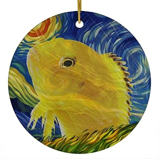 Whimsical Night Sky Electric Yellow Cichlid Christmas Ornament Circle Ceramic - Impressionist Pet Portrait Memorial Keepsake Gifts for Cichlid Lovers