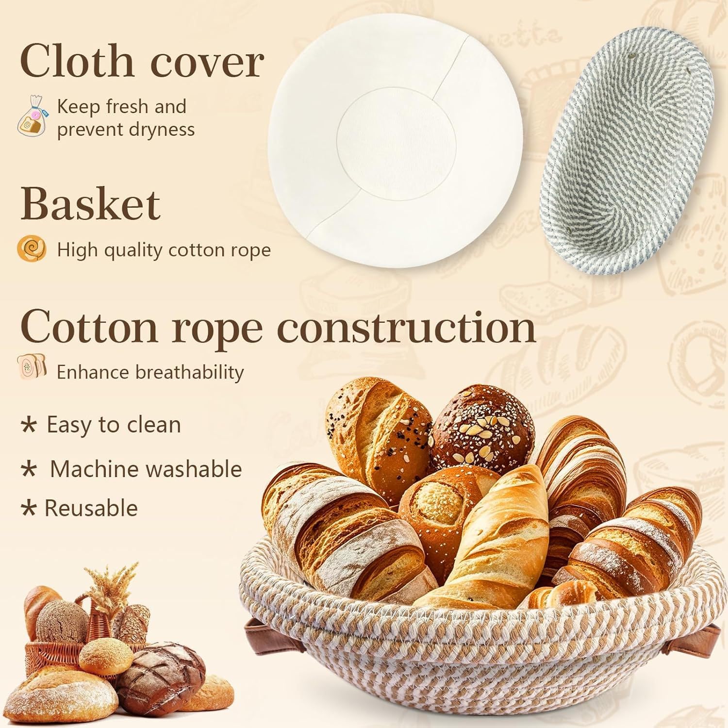 Gärkörbchen Banneton Brotbackzubehör Gärkorb Brot Runde & Oval Kombi Paket, Sauerteig Starter Set für Brot aus Baumwollstricken mit 800ml Gärglas für Anfänger, Bäcke