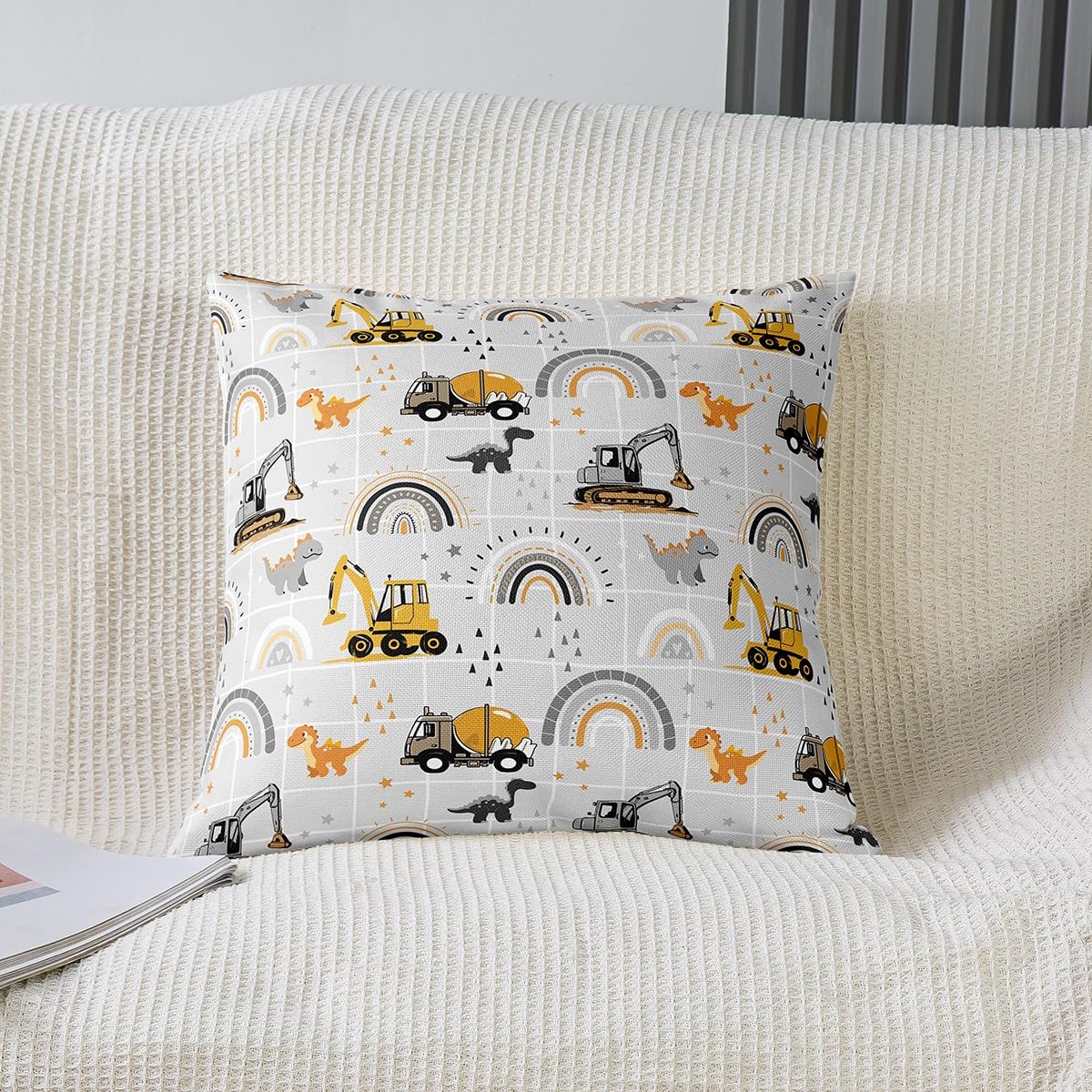 Cute Trucks Dino Throw Pillow Cover Cartoon Gray Orange Rainbow Graffiti Cushion Cover for Kids Boys Girls Lovely Wild Jungle Animals Dinosaur Cushion Case for Car Couch 18x18 Inch