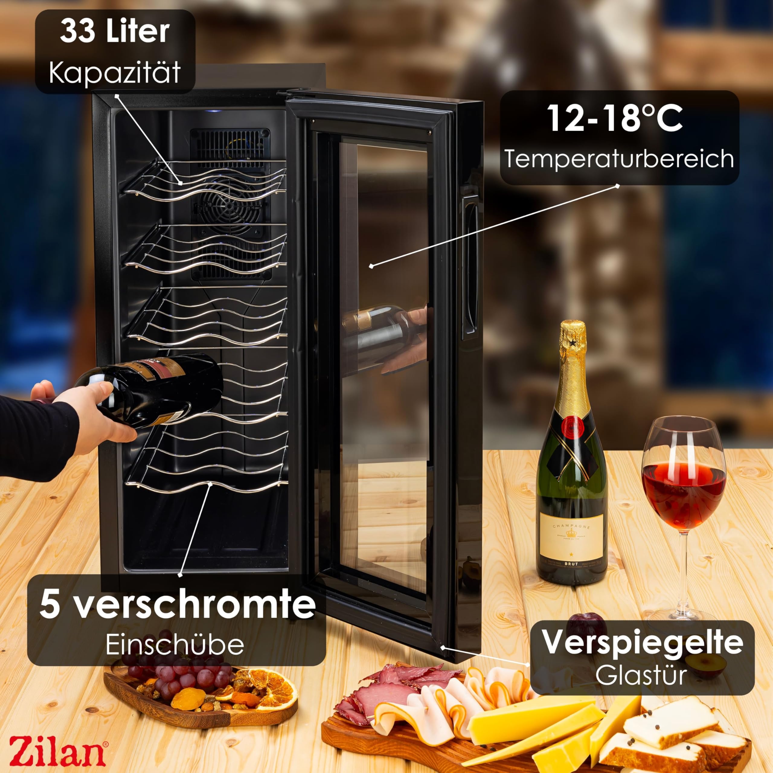 Zilan Refrigerador para vino, independiente, silencioso, 12 botellas, 33 litros, luces LED, enfriador de vino, armario pequeño con clima de vino, mini nevera, minibar con puerta de cristal