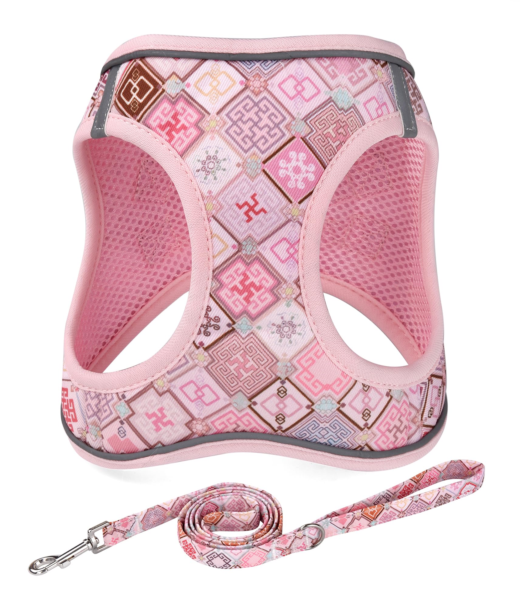 Mihqy Step in Dog Harness and Leash Set, Reflective Adjustable No Pull Dog Harness for Extra-Small/Small Dogs Puppy and Cats, Soft Padded Mesh Vest Harnesses for Girl and Boy Pets(Pink Grid,XS)