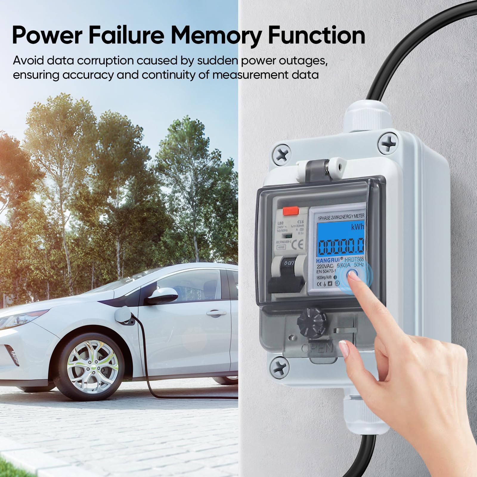 Mobiler Digitaler Stromzähler 230V 60A, Stromzähler für Steckdose mit Typ A fi ls Schutzschalter 16A und Schuko Stecker Ip65, Mobile Outdoor KWH Messgerät für Wohnmobile Elektrofahrzeuge