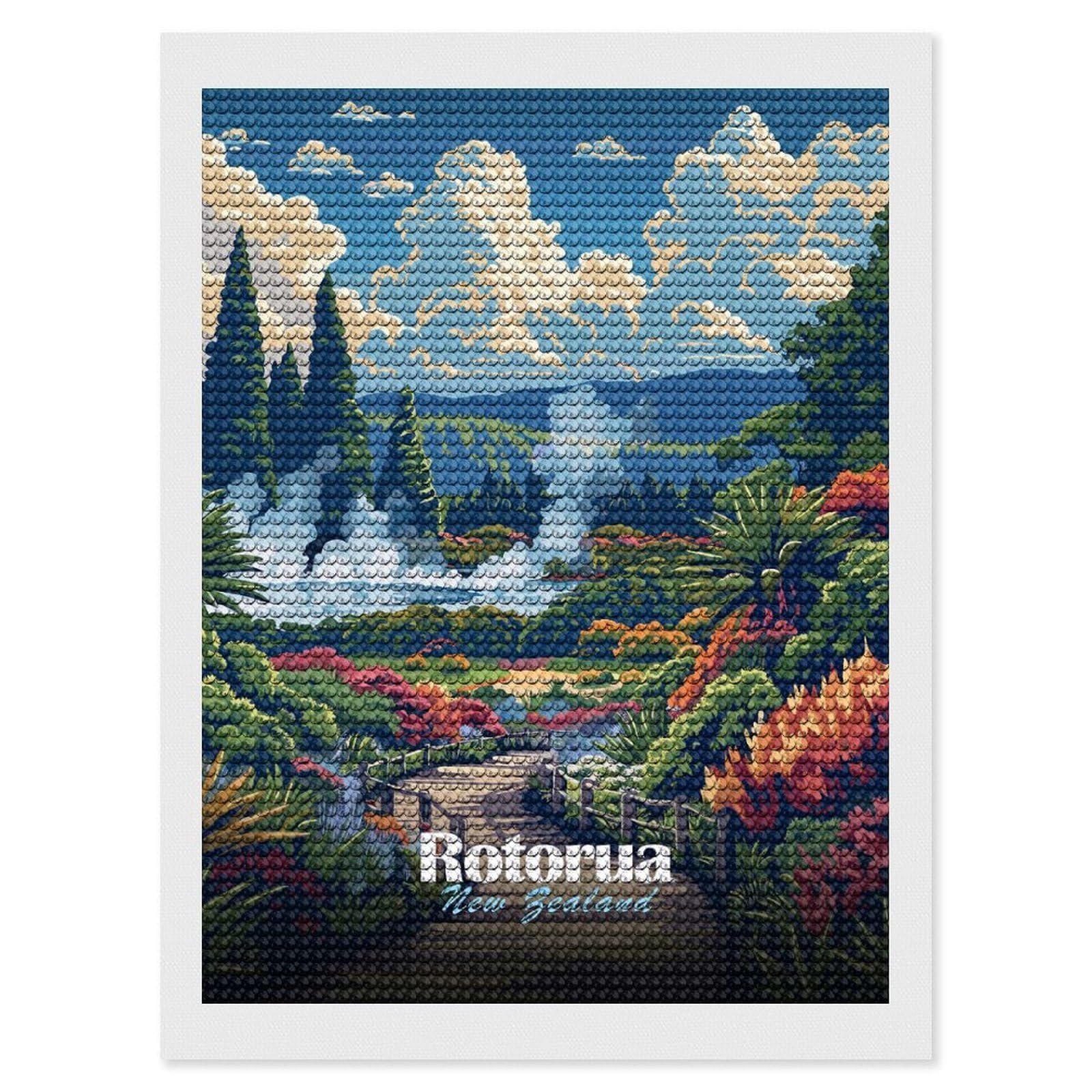 Junmoney Rotorua New Zealand Landscape Art Diamond Art Canvas 12"x16", Decorate Your Room, Mindful Craft Activity, Cosy Home Accent, Thoughtful Handmade Gift