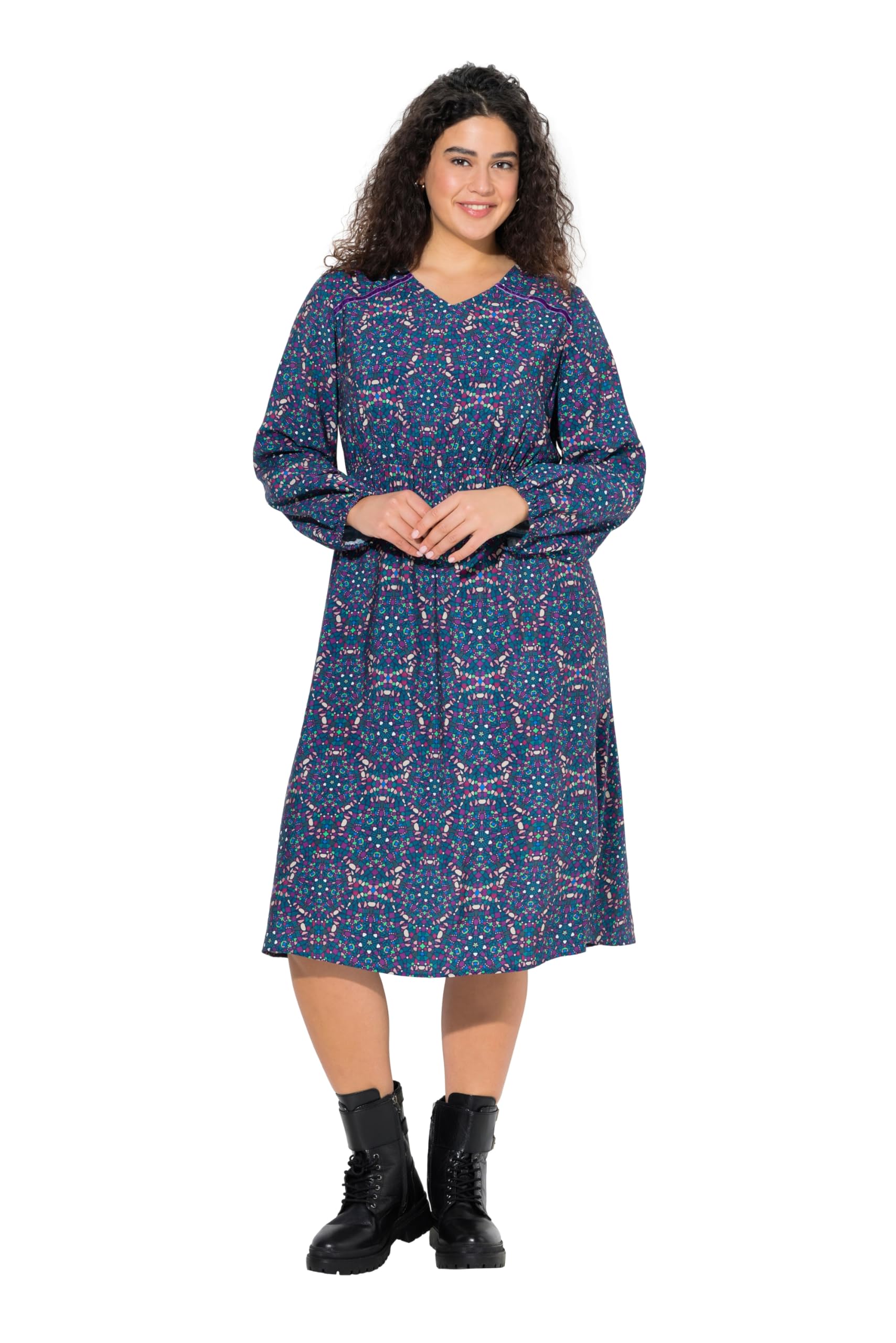 Ulla Popken Damen große Größen Übergrößen Plus Size Kleid, Kaleidoskop, A-Linie, V-Ausschnitt, Langarm 842153