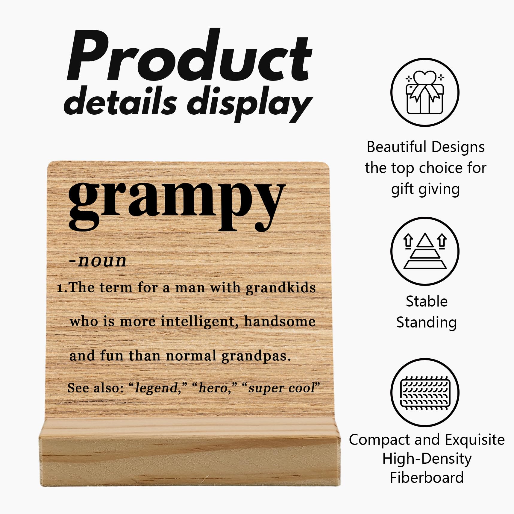 Grampy Gifts Desk Decor, Fathers Day Christmas Gifts for Grampy Grandpa Grandfather Pops Gift from Grandkids Wood Plaque, GrampyDefinition Wooden Plaque Sign with Wood Stand for Home Office