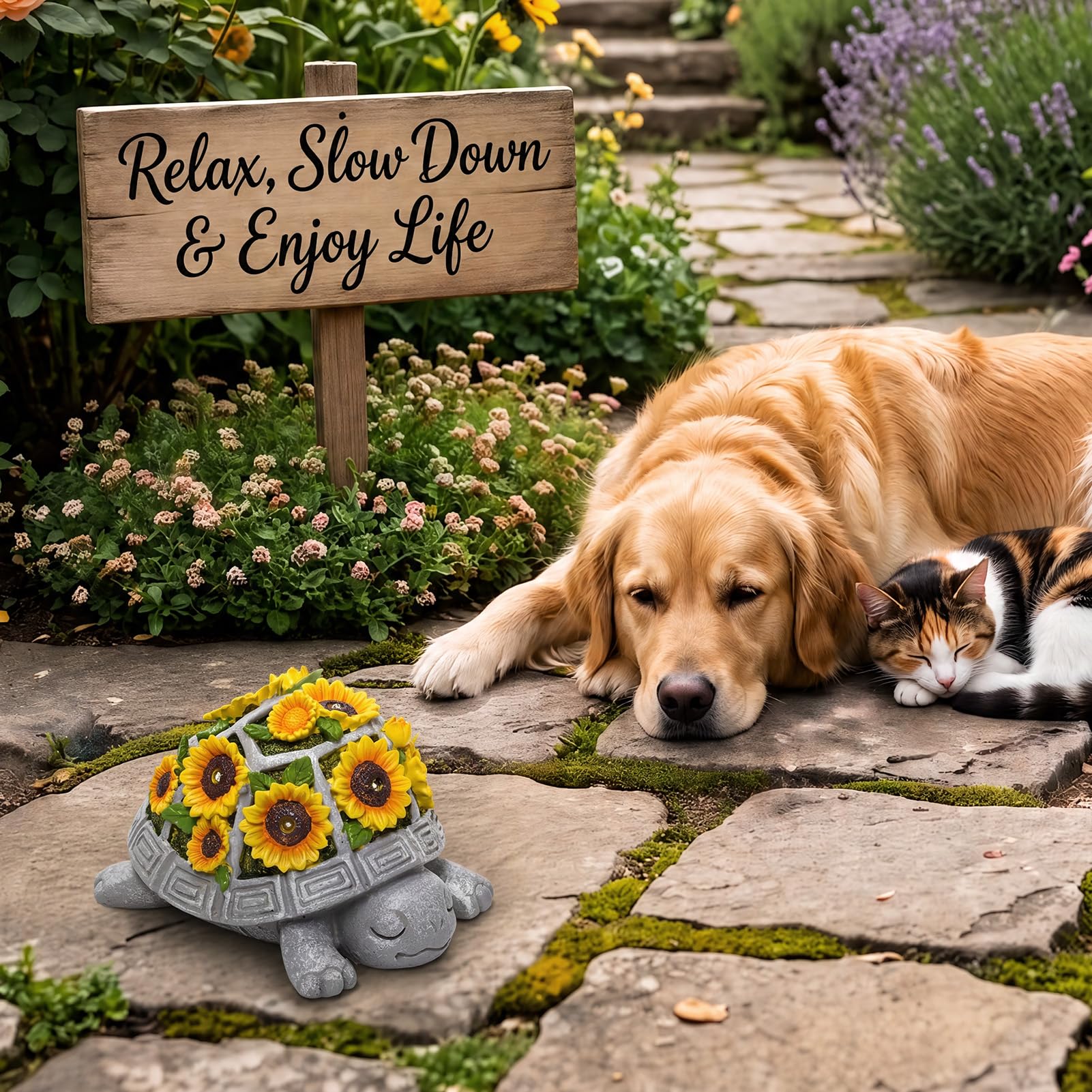 Solar Turtle Garden Statue Outdoor Decor, Sunflower with 7 LED Lights view 3