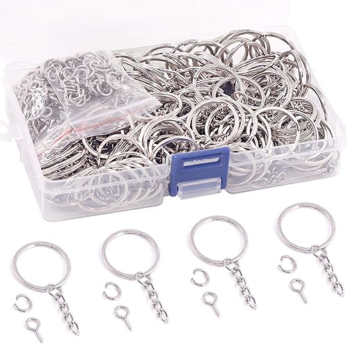 Rustark 450 piezas de llavero de metal de 1 pulgada  0.984 in, 150 llaveros plateados con cadenas, 150 conectores de anillo abierto y 150 tornillos