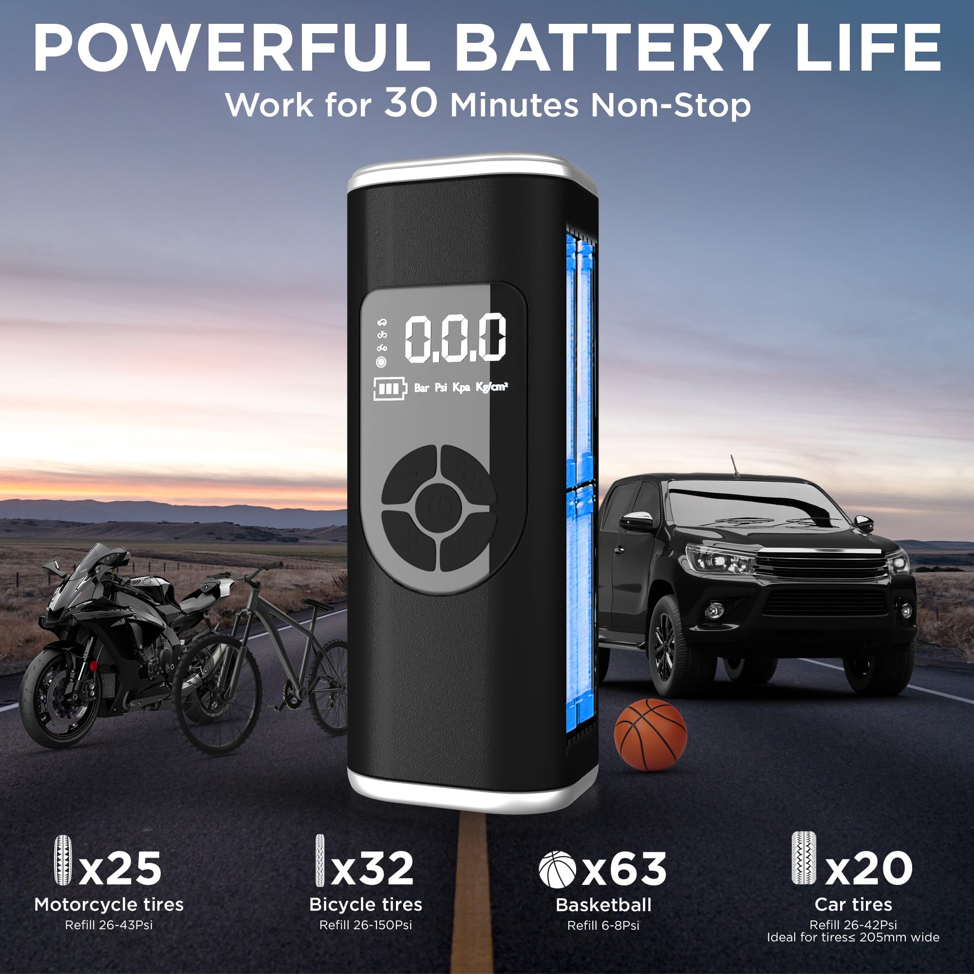 StartPro, compressore d'aria portatile, 150 psi, pompa ad aria senza fili, doppia potenza, display LED, torcia, spegnimento automatico, gonfiaggio rapido per auto, moto, bici e attrezzature sportive