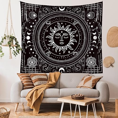 Miniatura 2 de Tapzen Tapiz místico blanco y negro con frase de sol y luna, tarot, tapiz para colgar en la pared, celestial espiritual y estrellas espaciales,