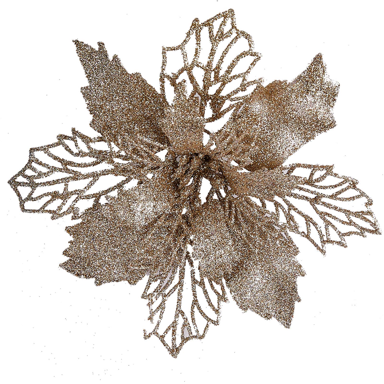 Zhenrui12 pcs 6” Christmas Poinsettia Flower, Glitter Poinsettia Tree Ornaments, Champagne Artificial Flower Decorating Wreath Garland, Great for Wedding Holiday and Home Decor, with Stems