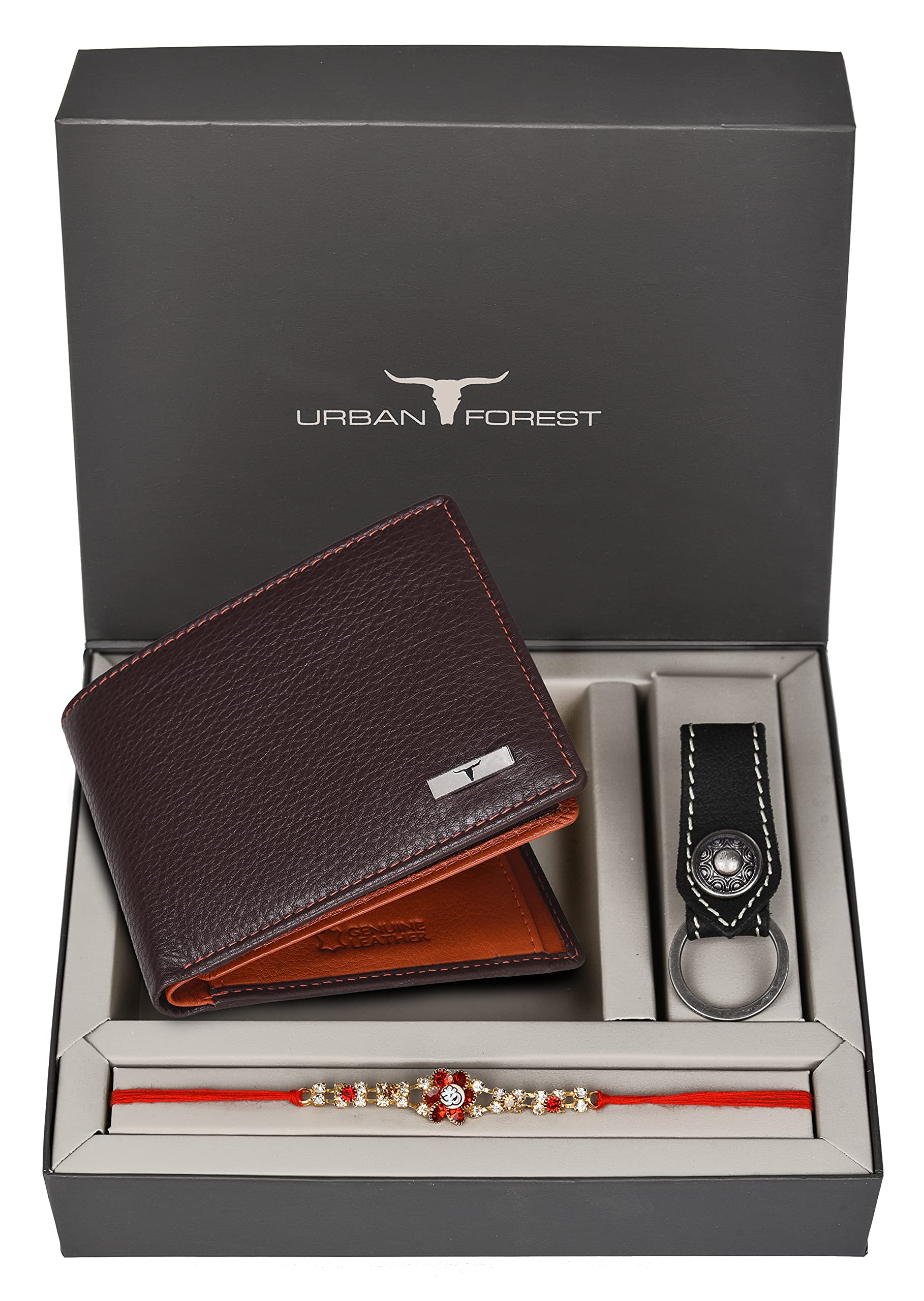 Men's Rakhi Gift Hamper for Brother - Classic Brown/Orange Leather Wallet & Rakhi Combo Gift Box - 4533-image-33