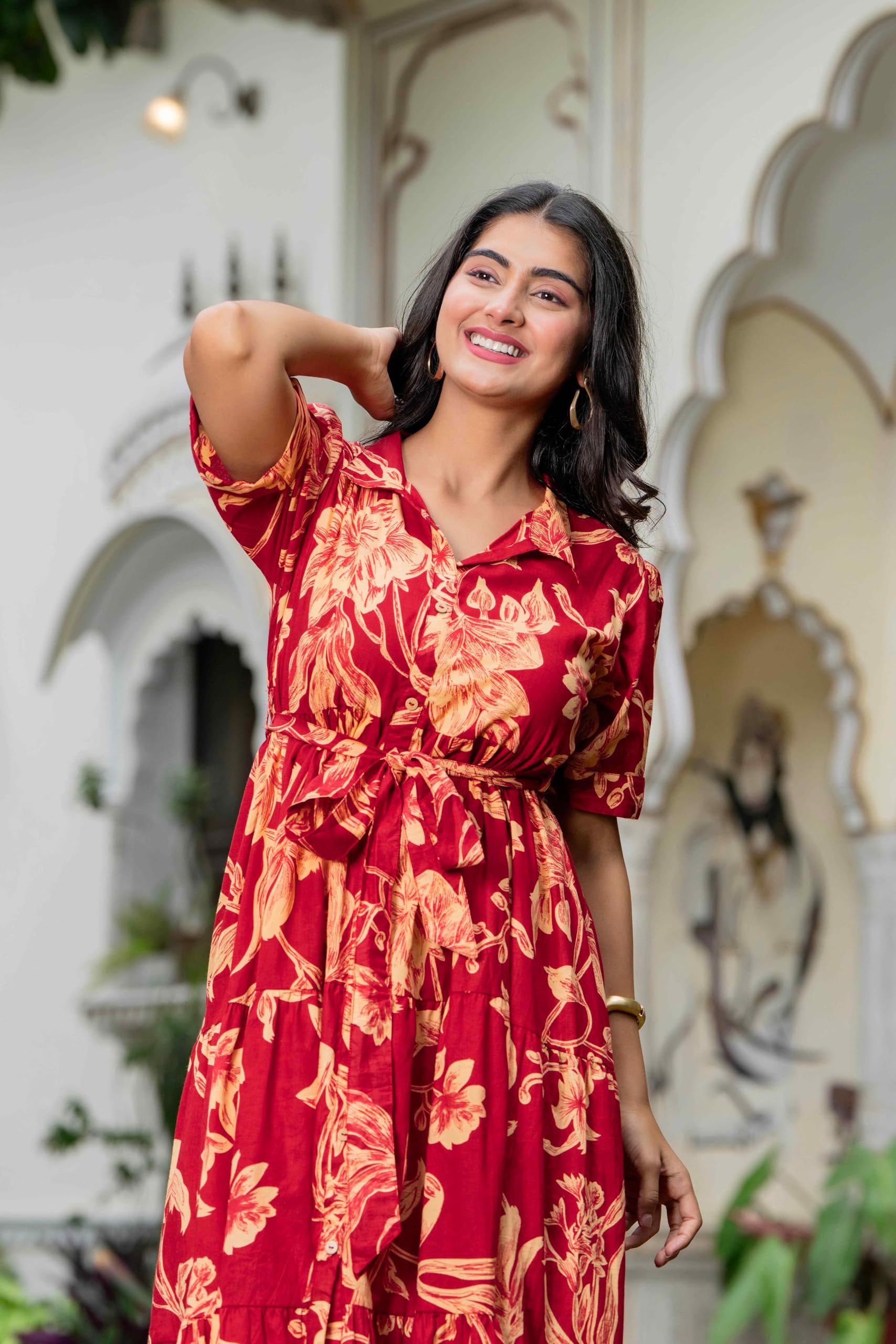 Jikonet Vestido occidental Anarkali con estampado floral para mujer, de una pieza, maxi, uso casual, cómodo vestido largo midi para mujer