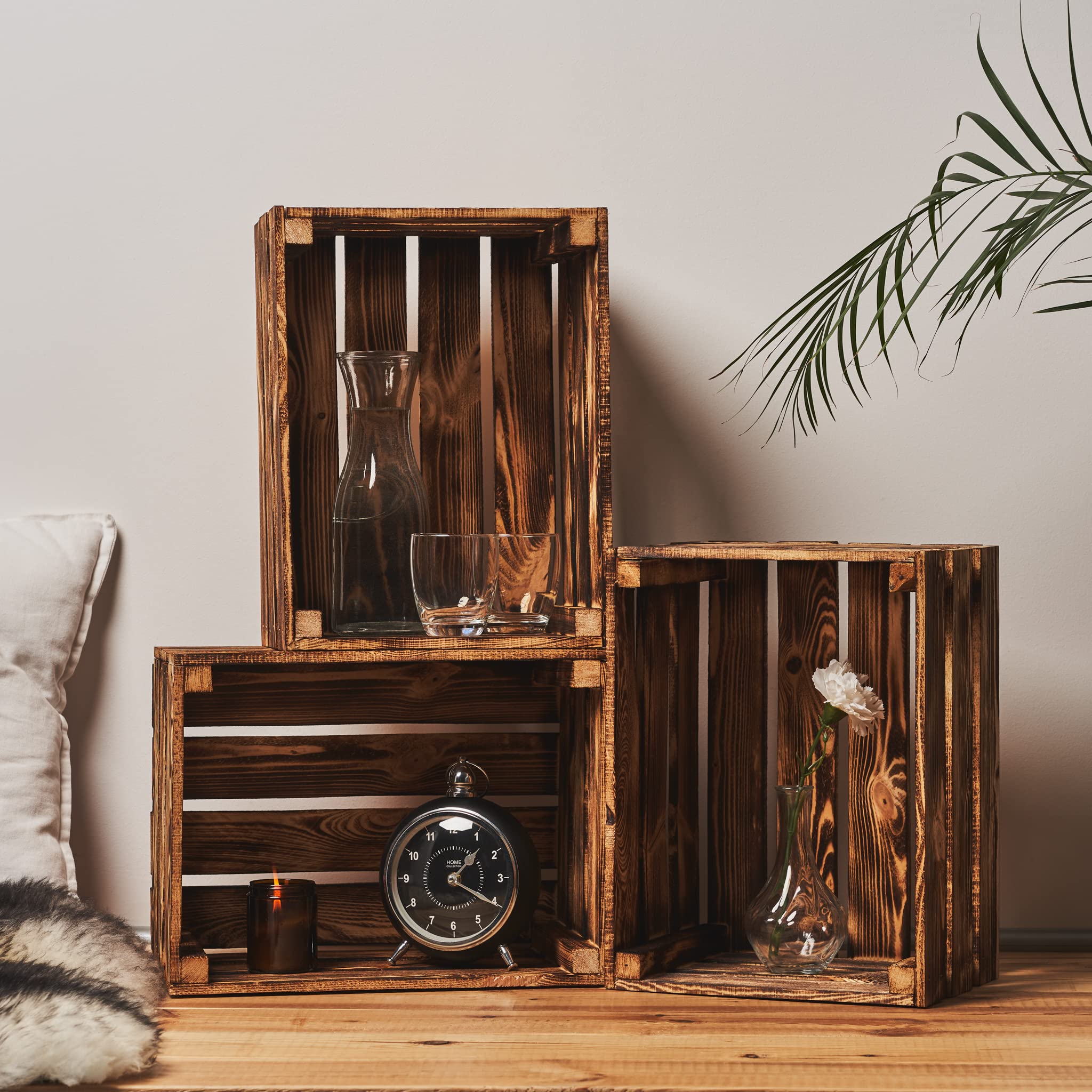 Cakla Holzkiste Vintage 3 Stück XL 50x40x30 - Dekorative Holzkisten für Gegenstände - Geschenkbox - Stilvoll und Elegant Kisten - Obstkisten - Weinkiste Holz