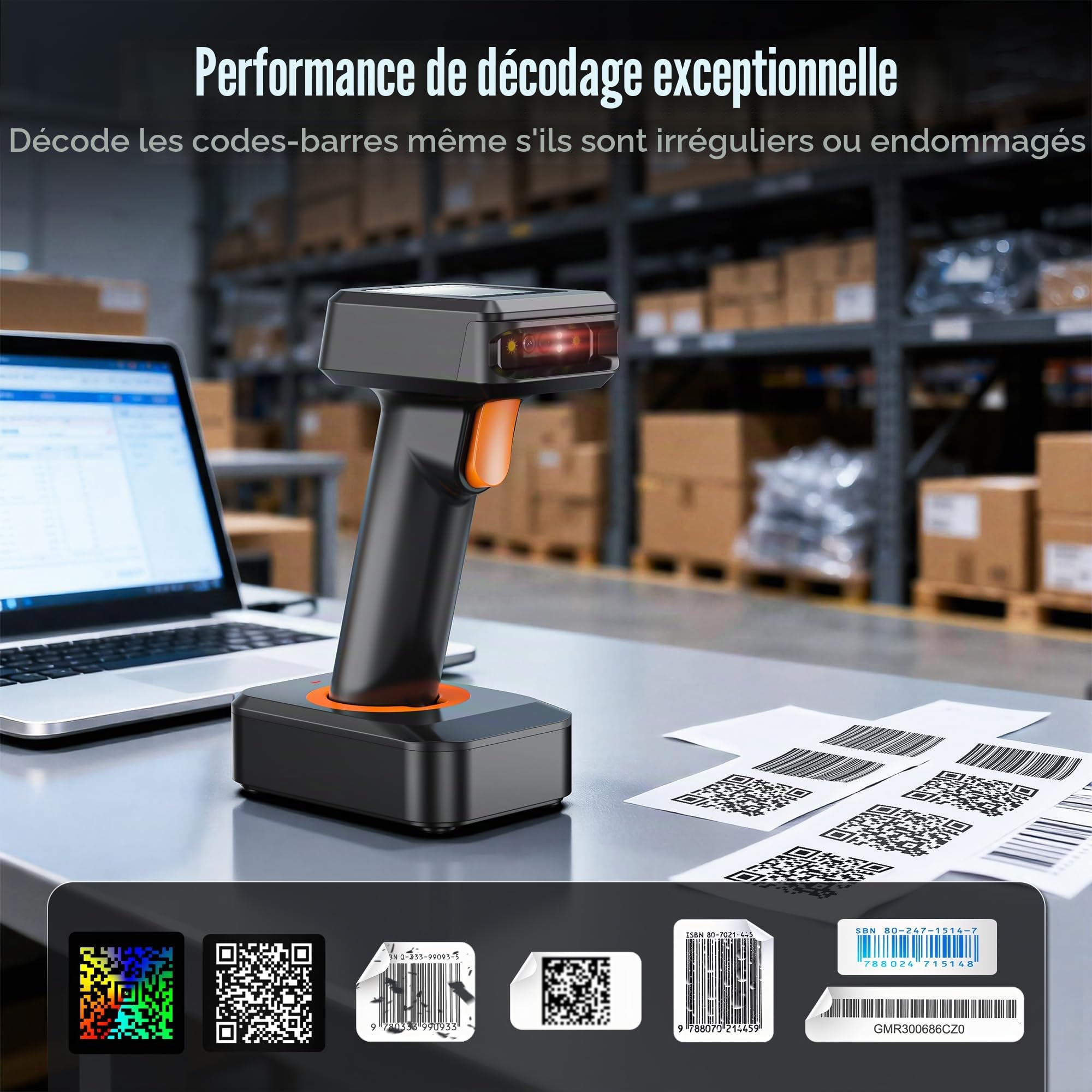 Tera Scanner de Codes-Barres 2D sans Fil Bluetooth avec écran d'affichage et Base de Charge
