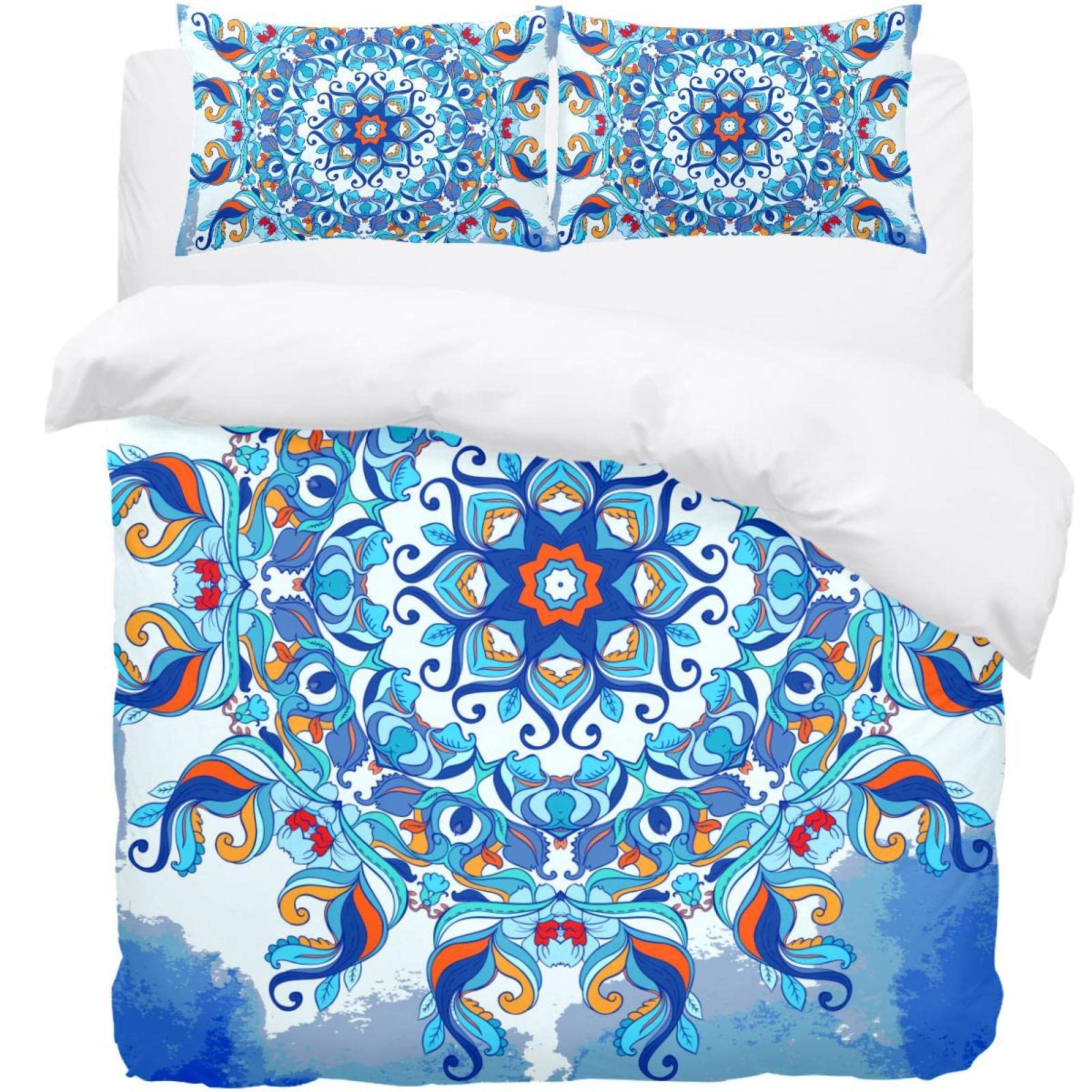 Housse de couette et taie d'oreiller motif mandala bleu Trippy drap lit