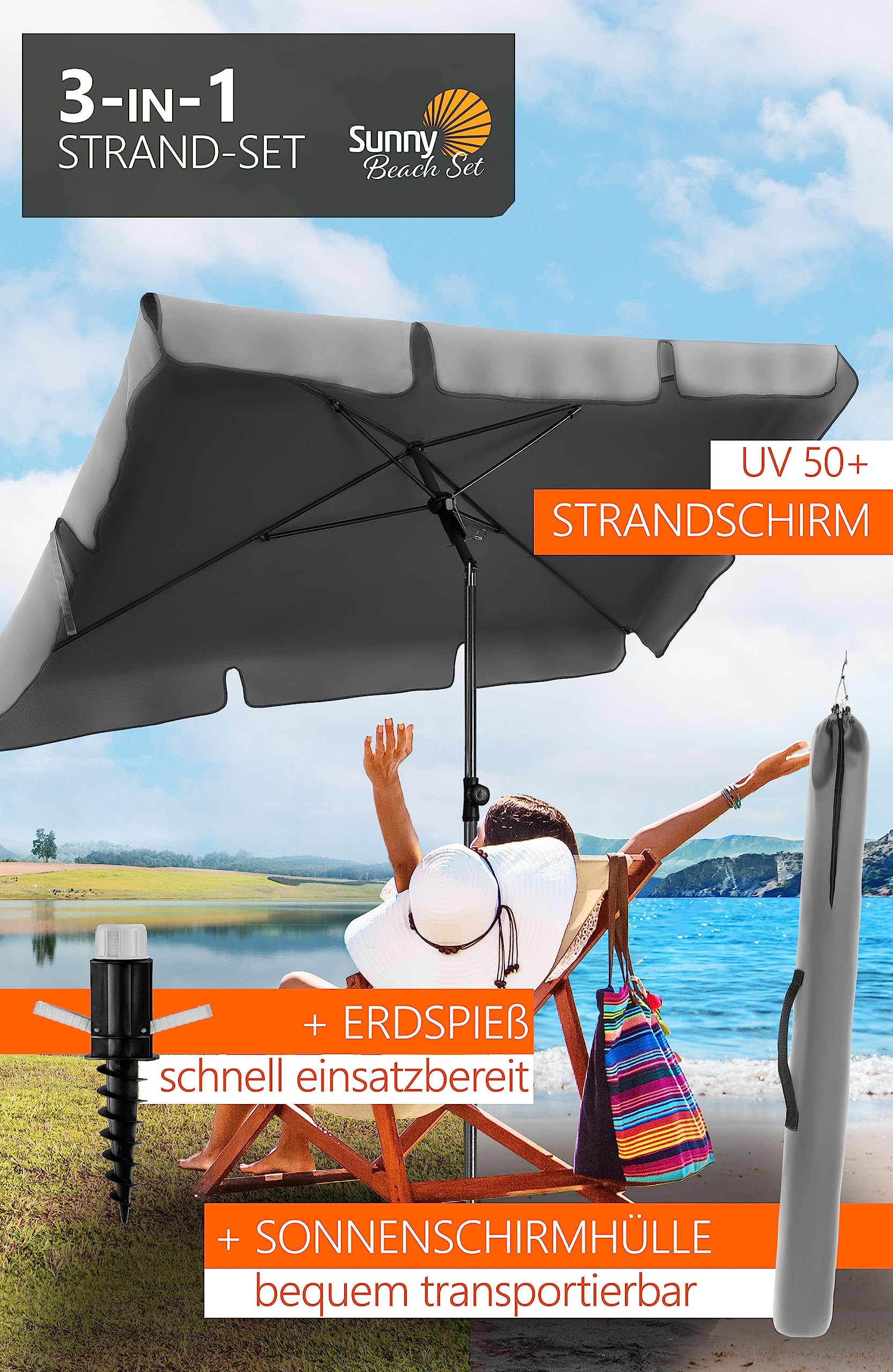 4smile 3-IN-1 SET Sonnenschirm Strand - UV50+ Strandschirm windfest stabil rechteckig + Bodenhülse + Sonnenschirm Schutzhülle – Sonnenschutz für Strand, Anthrazit