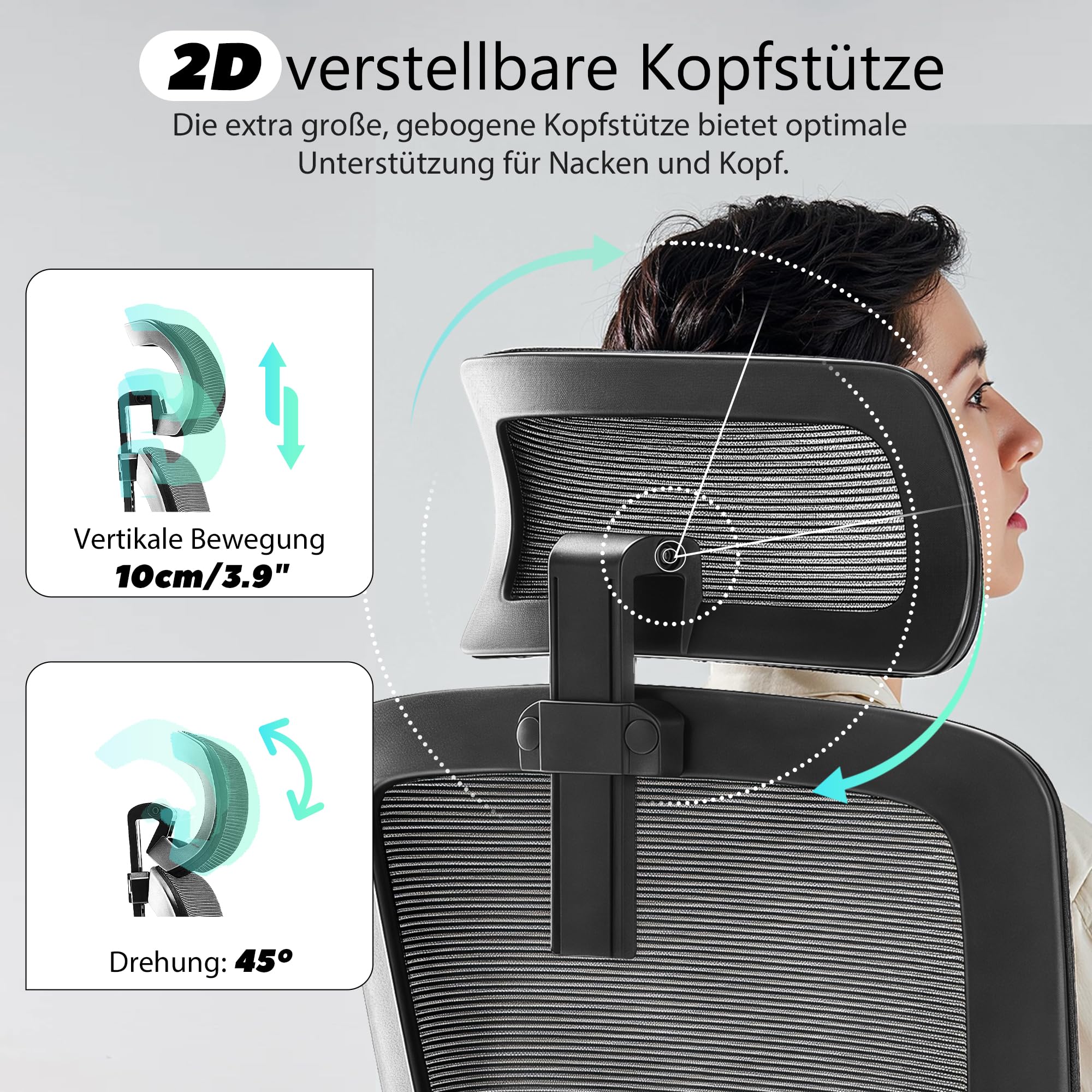 Fizzin Schwarz Ergonomischer Bürostuhl Gaming Stuhl 180kg | Atmungsaktiver Mesh Schreibtischstuhl mit Verstellbarer Lendenstütze & Kopfstütze für Büro & Home Office