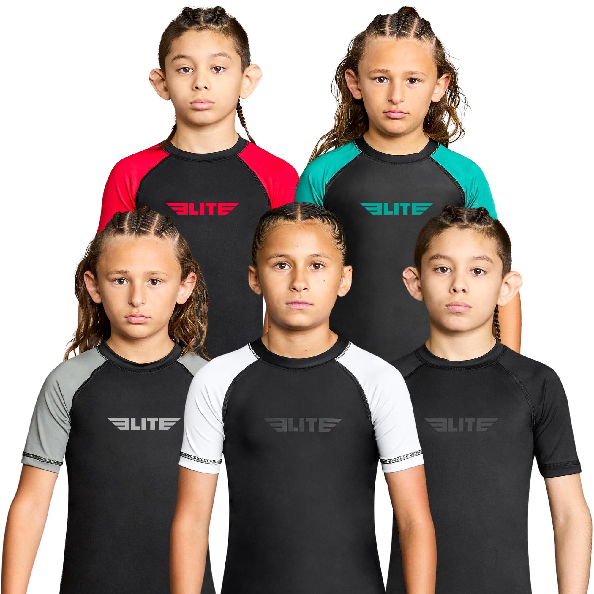 Elite Sports Kids Jiu Jitsu BJJ Rash Guard, Short Half Sleeve Compression Shirt for Youth Boys Girls Sports Nogi Training