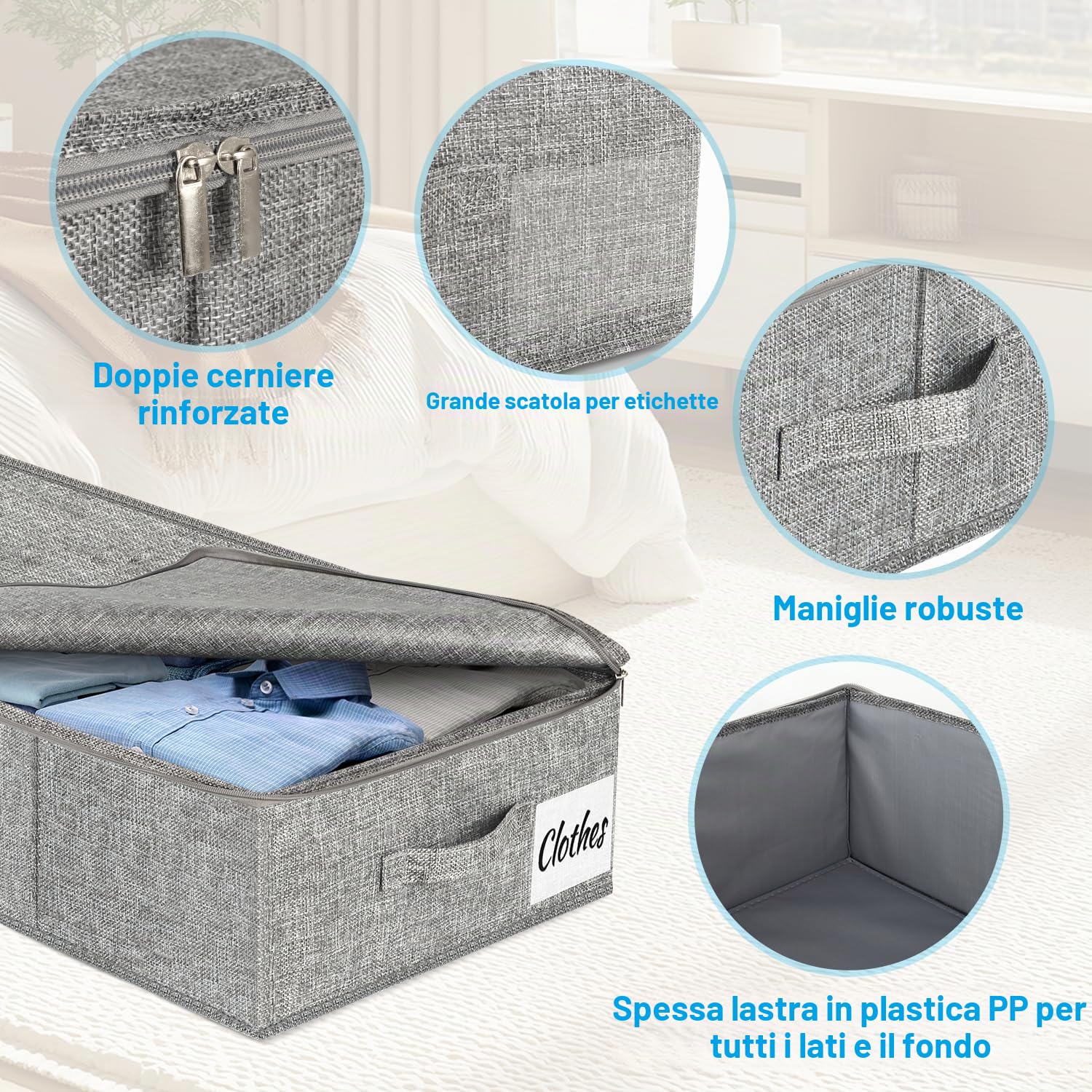 Contenitore sotto il letto, con coperchio, altezza 12 cm, 2 pezzi, pieghevole, lavabile, con 3 maniglie, coperchio con cerniera, per vestiti, coperte