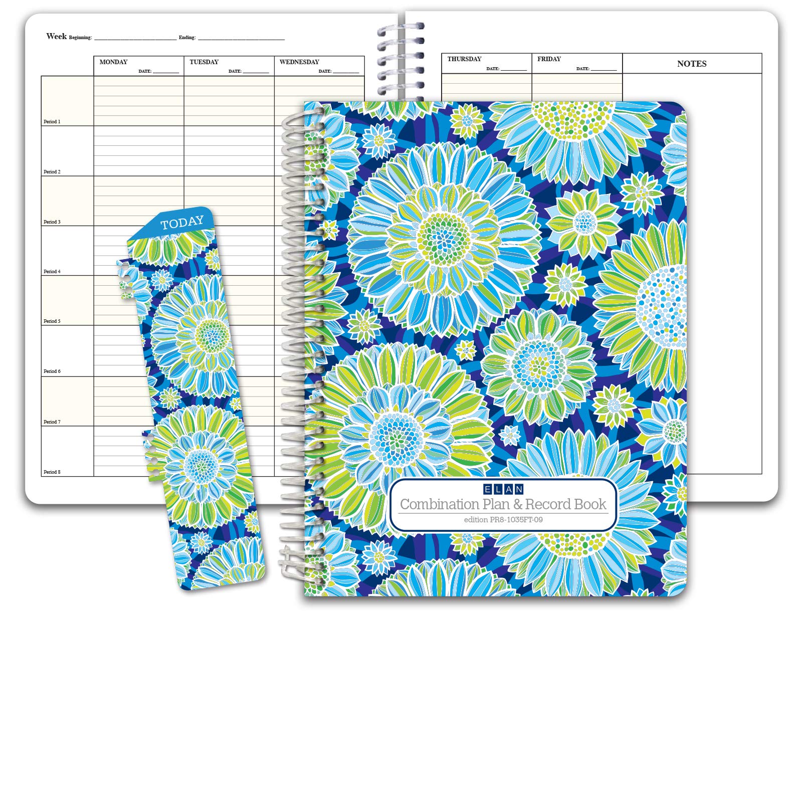 Elan Publishing Company HARDCOVER Combination Plan and Record Book - 8 Period Teacher Lesson Planner (PR8-1035 - Blue Green Flowes)