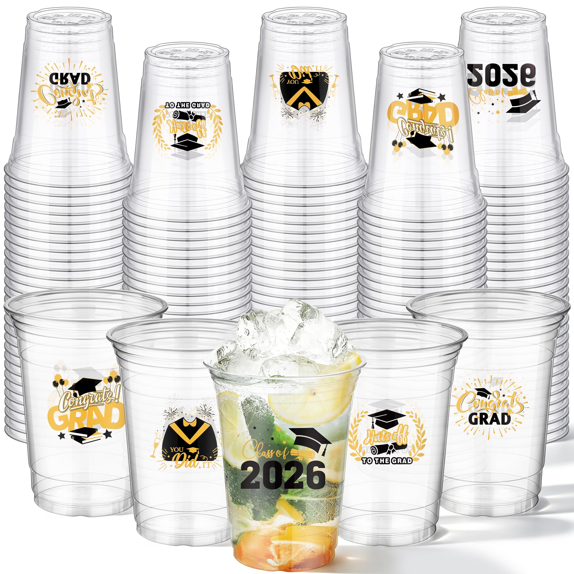 Photo 1 of Kochorie 120 Pieces 16 Ounce Graduation Cups Disposable Class of 2026 Cup Clear Print Drink for Hot Cold Drinks Party Supplies, Black and Gold
