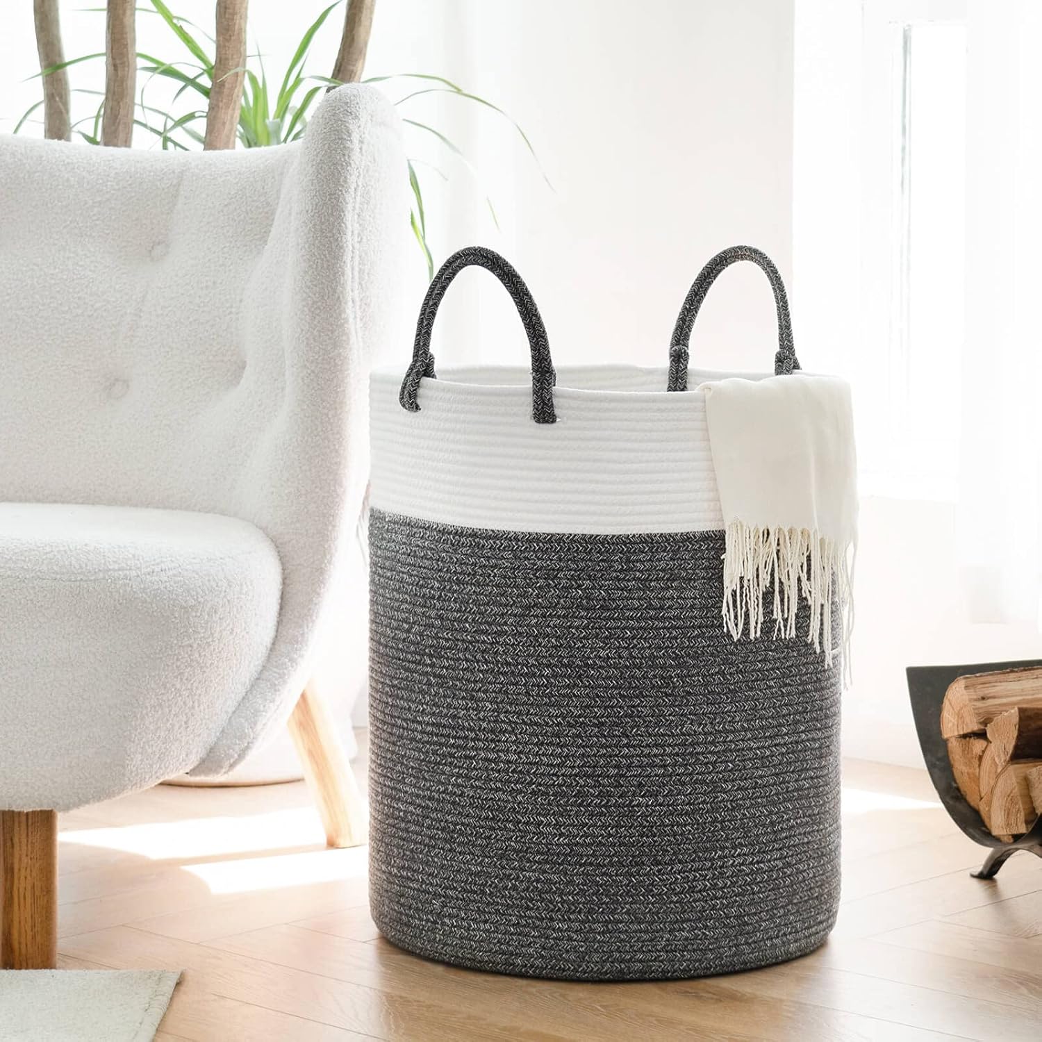 INDRESSME Tall Storage Basket with Handles, Large Nursery Laundry Hamper for Bedroom, Bathroom, Living room, Cute Laundry Basket for Blankets, Toys, Grey, 16 x 20 inches : Home & Kitchen