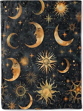 Celestial Flannel Blanket - Sun, Moon, and Stars Throw,Playful Gifts for Adult & Mystical Lovers, Ultra Soft & Warm,Lightweight, for Couch Bedroom Living Room Modern Decor 50x60in