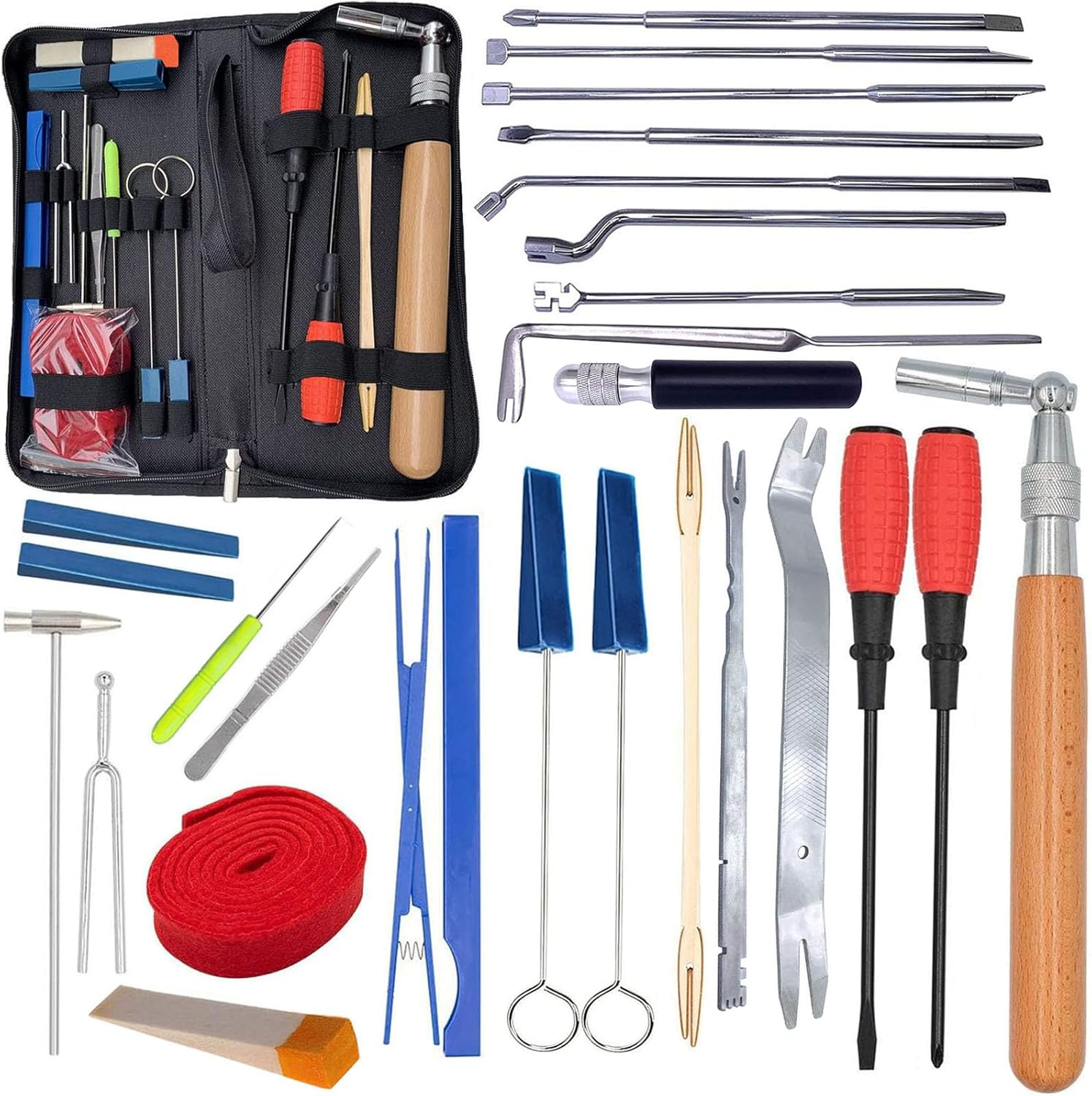 26Pcs Piano Tuning Repair Regulating Tool Kit Including Tuning Wrench Hammer Mute Tweezers Fork Belt Clip Regulating Screwdriver Capstan Screw Wrench Set with 6" Combination Tool Handle