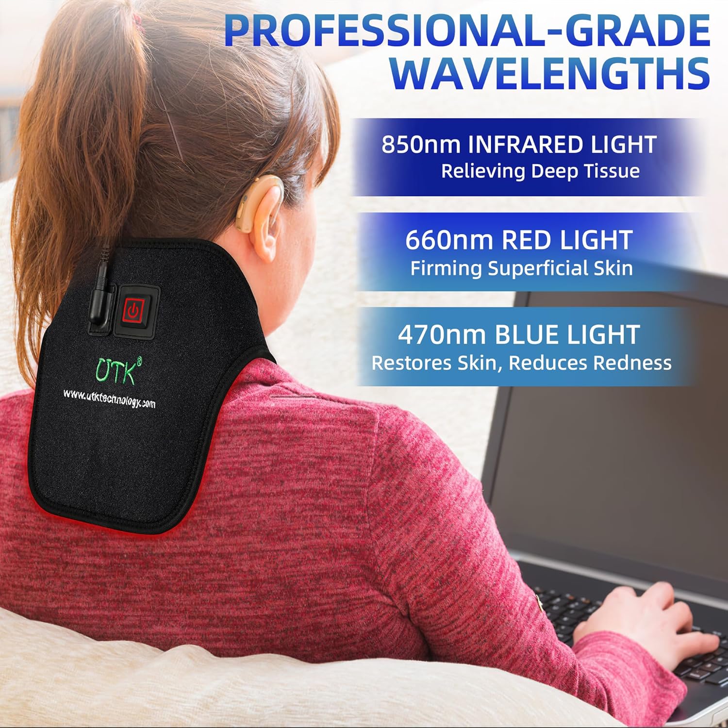 UTK Blue & Red Light Therapy for Neck, 660 & 850nm Near Infrared Light Therapy Neck Wrap Belt for Joint Muscle Pain Relief, Red Light Therapy Device at Home Office,Pulse Mode for Deep Tissue - Image 4