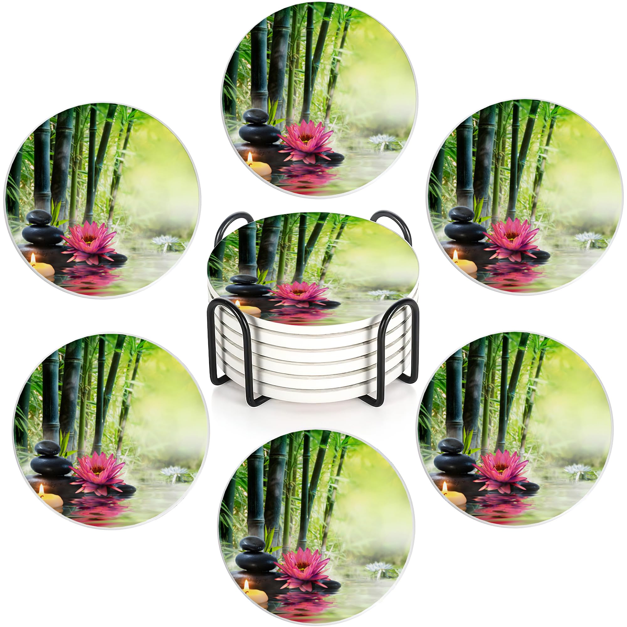 Zen Bamboo Set of 6 Coasters Absorbent Ceramic Drink Mats with Cork Base & Metal Holder, Spill Protectors for Mugs/Cups, Cheerful Home/Bar Decor