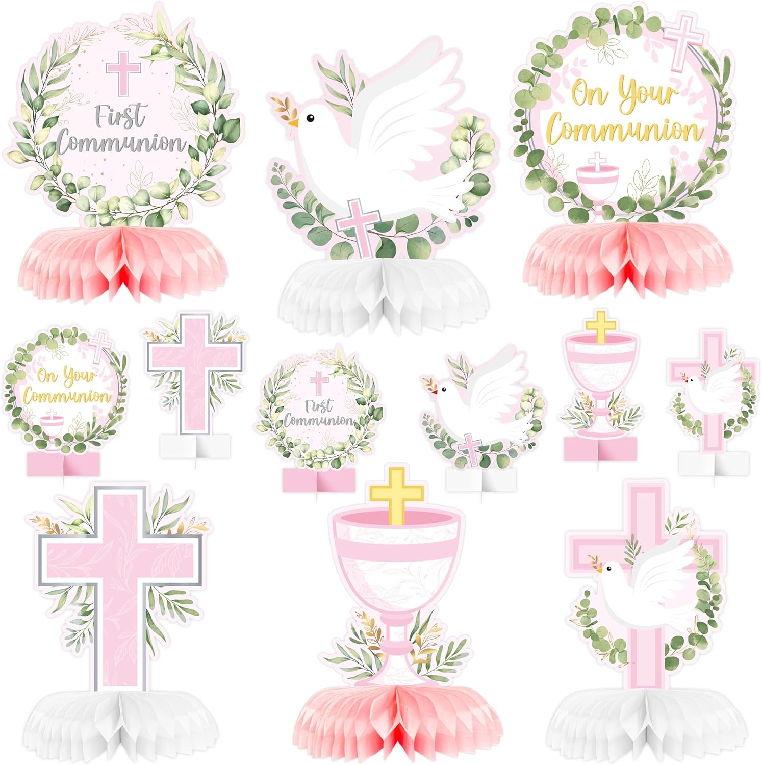 ANGOLIO 12Pcs First Communion Party Honeycomb Centerpieces Pink Baptism Cross Religious Centerpieces for Tables Photo Props Decoration for Baby Shower Boys Girls Birthday Church Wedding Decoracions