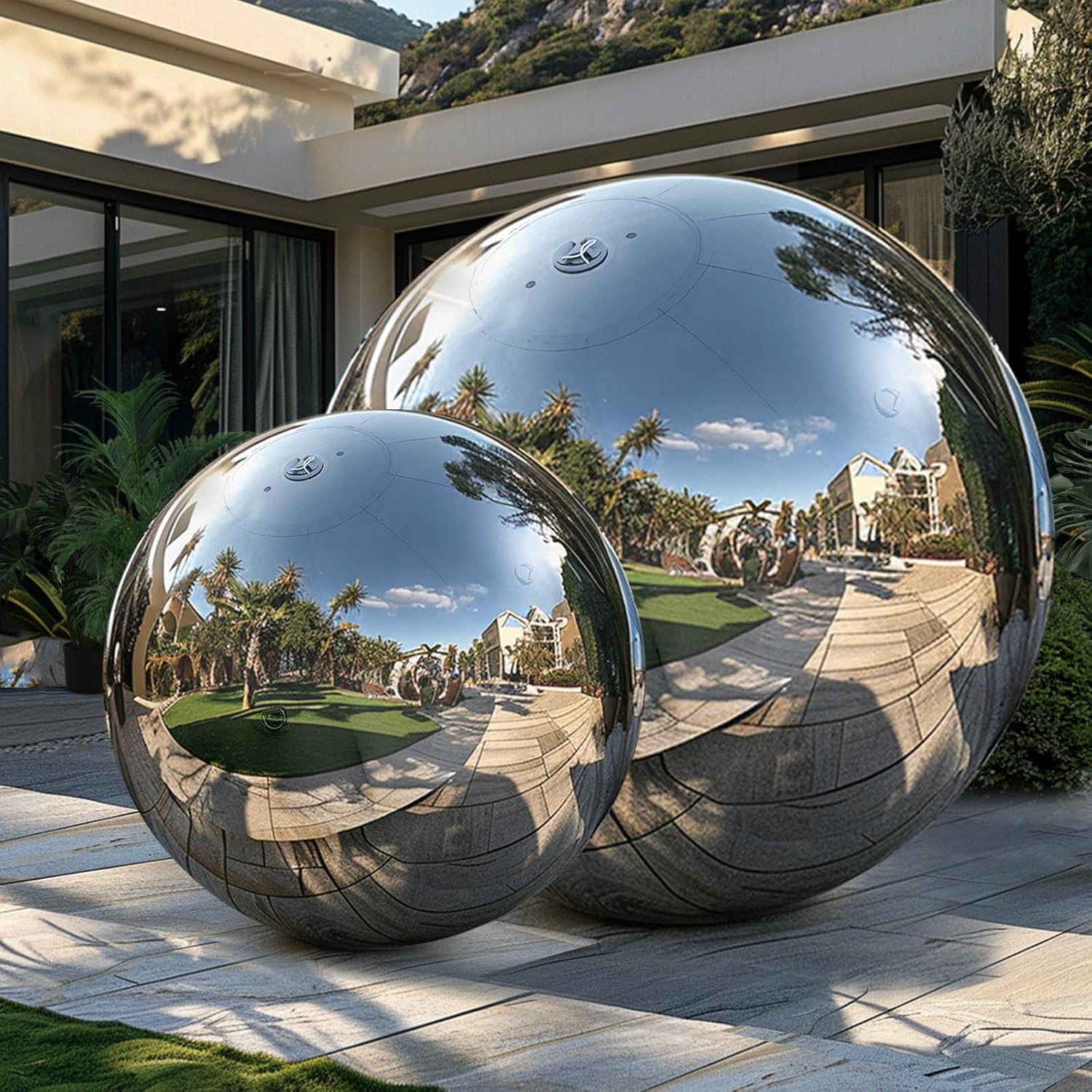 OZIS 19.7+31.5inch 2PCS Giant Inflatable Mirror Ball with Air Pump for Hanging&Standing PVC Airtight Disco Bubble Balloon For Wedding Event Nightclub Stage Party Decor (Silver)