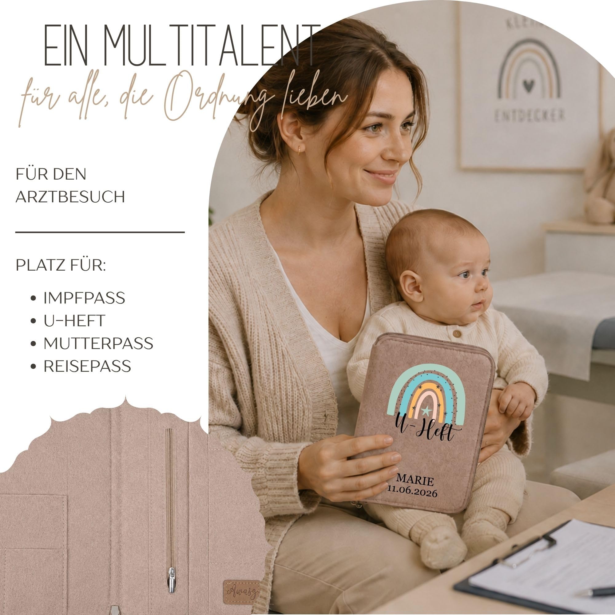 Personalisierter Organizer Filz mit Name, Familienorganizer Mutterpasshülle Dokumententasche, U-Heft Hülle Regenbogen