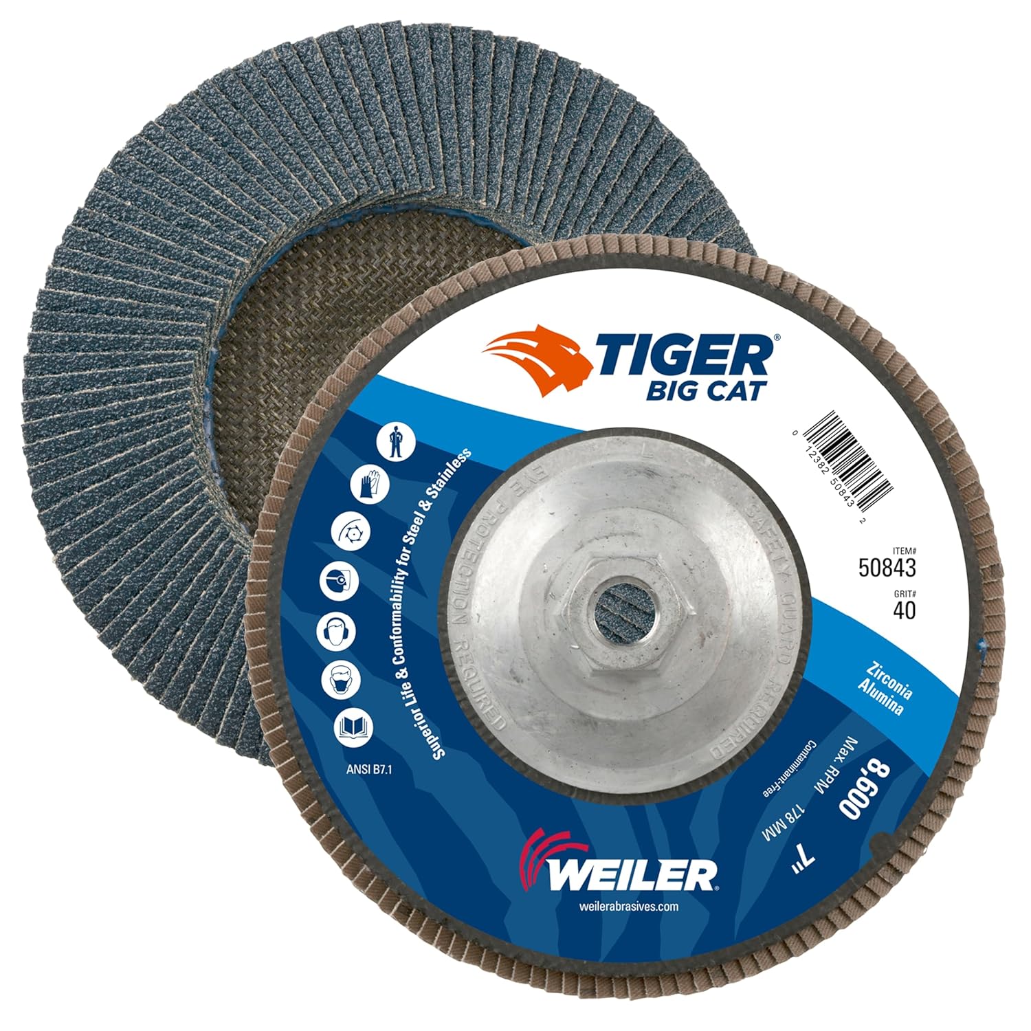 Weiler 50843 Big Cat High Density Abrasive Flap Disc, Type 27, Threaded Hole, Phenolic Backing, Zirconia Alumina, 7" Dia., 40 Grit, Made in the USA