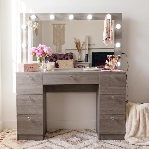 Boahaus Freya Vanity Desk with Framed Bulb Mirror – 7 Drawer Integrated Makeup Station with Power Outlet