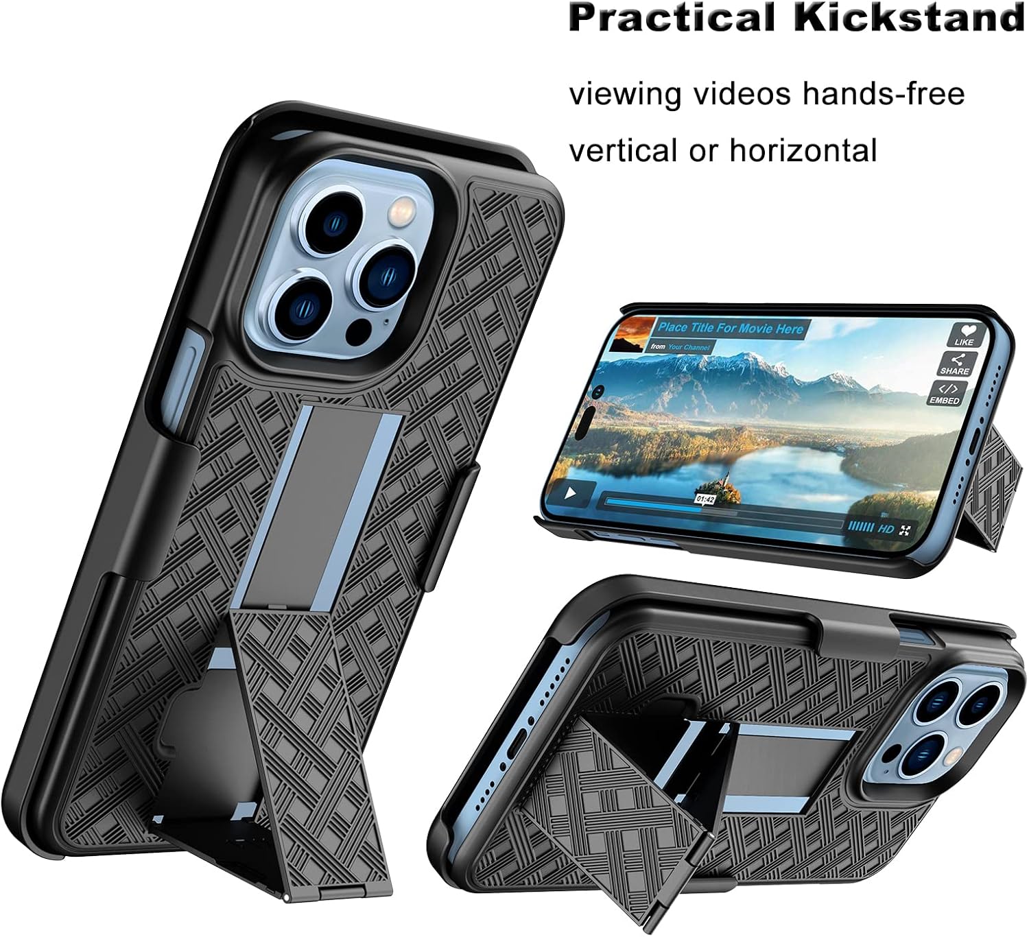 Belt Clip Holster Compatible for iPhone 14 Pro 6.1" Case, with Built-in Kickstand Belt Clip Holster Shockproof Cover, iPhone 14 Pro 5G Holster - Black - Image 3