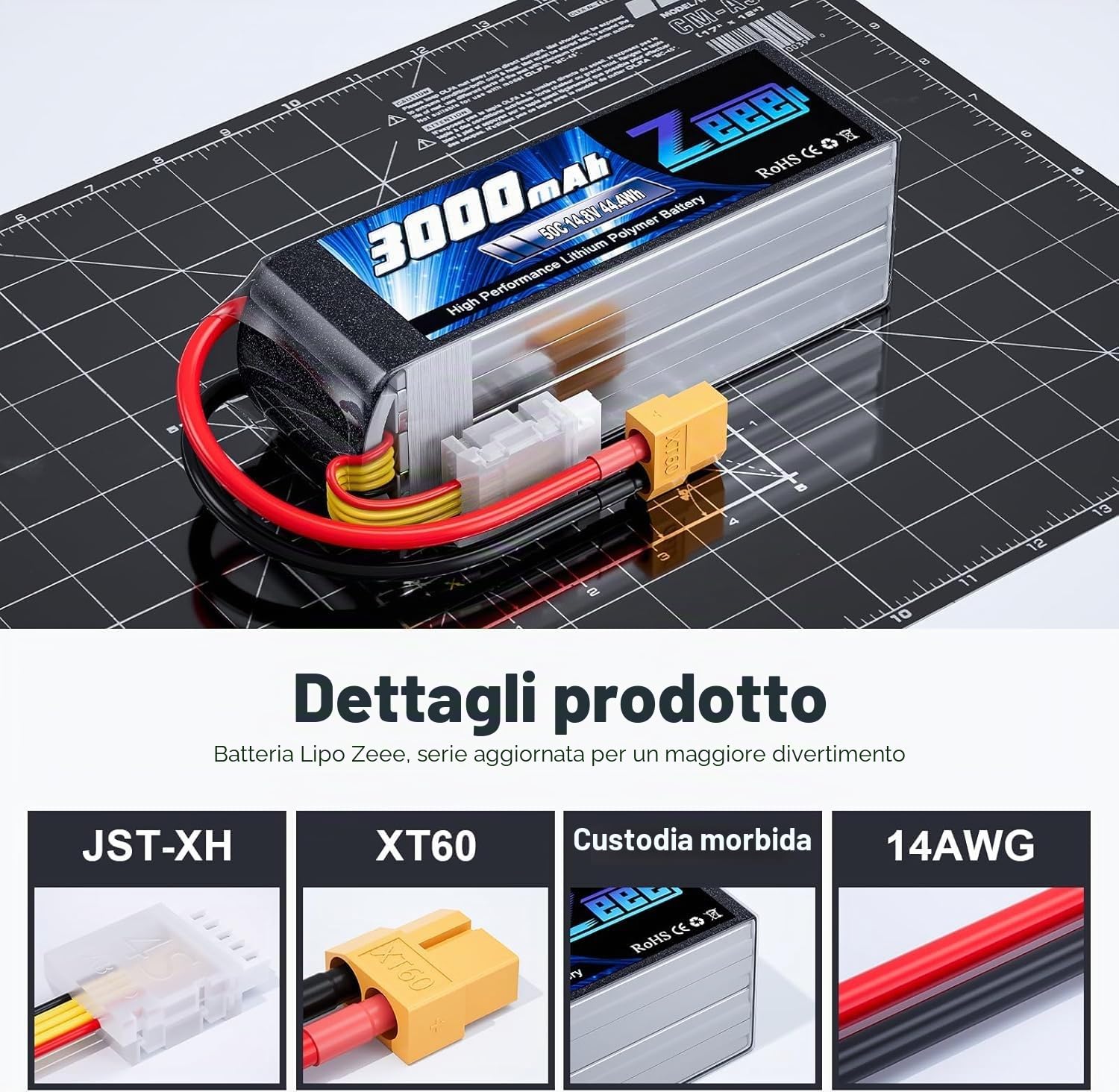 Zeee 4S Lipo 3000mAh 14,8V 50C Batteria RC con connettore XT60 per auto RC, camion, aereo, elicottero, barca... (2 pezzi)